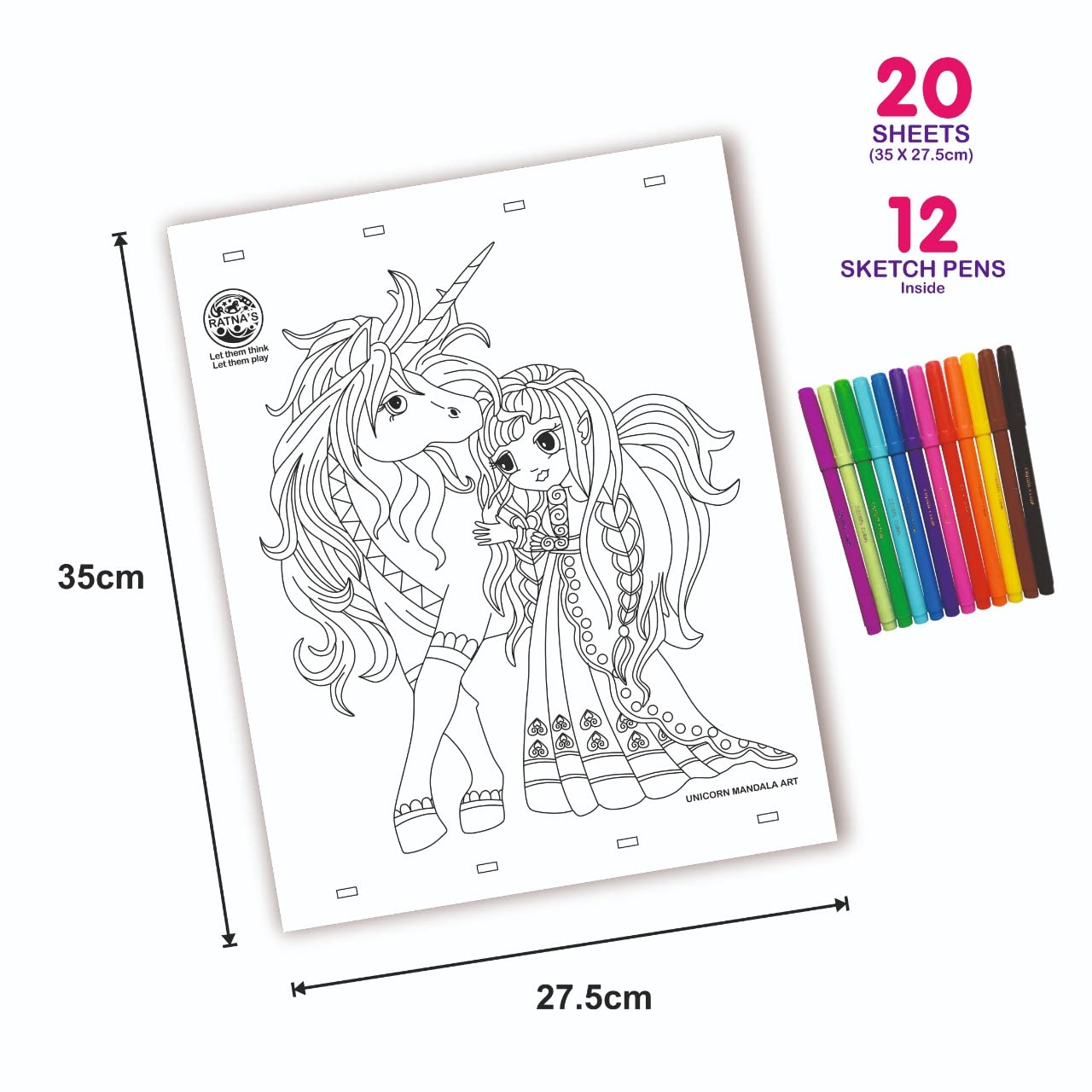 RATNA'S Mandala Art Unicorn Colouring Kit - 20 Sheets with 12 Sketch Pens Inside - Creative Coloring Fun for All Ages 1