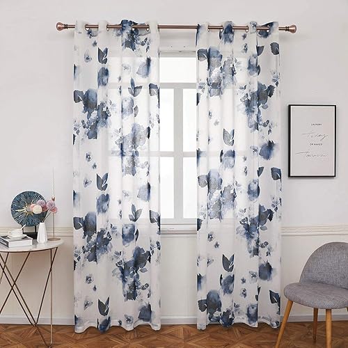 Taisier Home Cortinas transparentes de lino sintético de 95 pulgadas con ojales, pintura de tinta tradicional china, hojas estilizadas y flores,