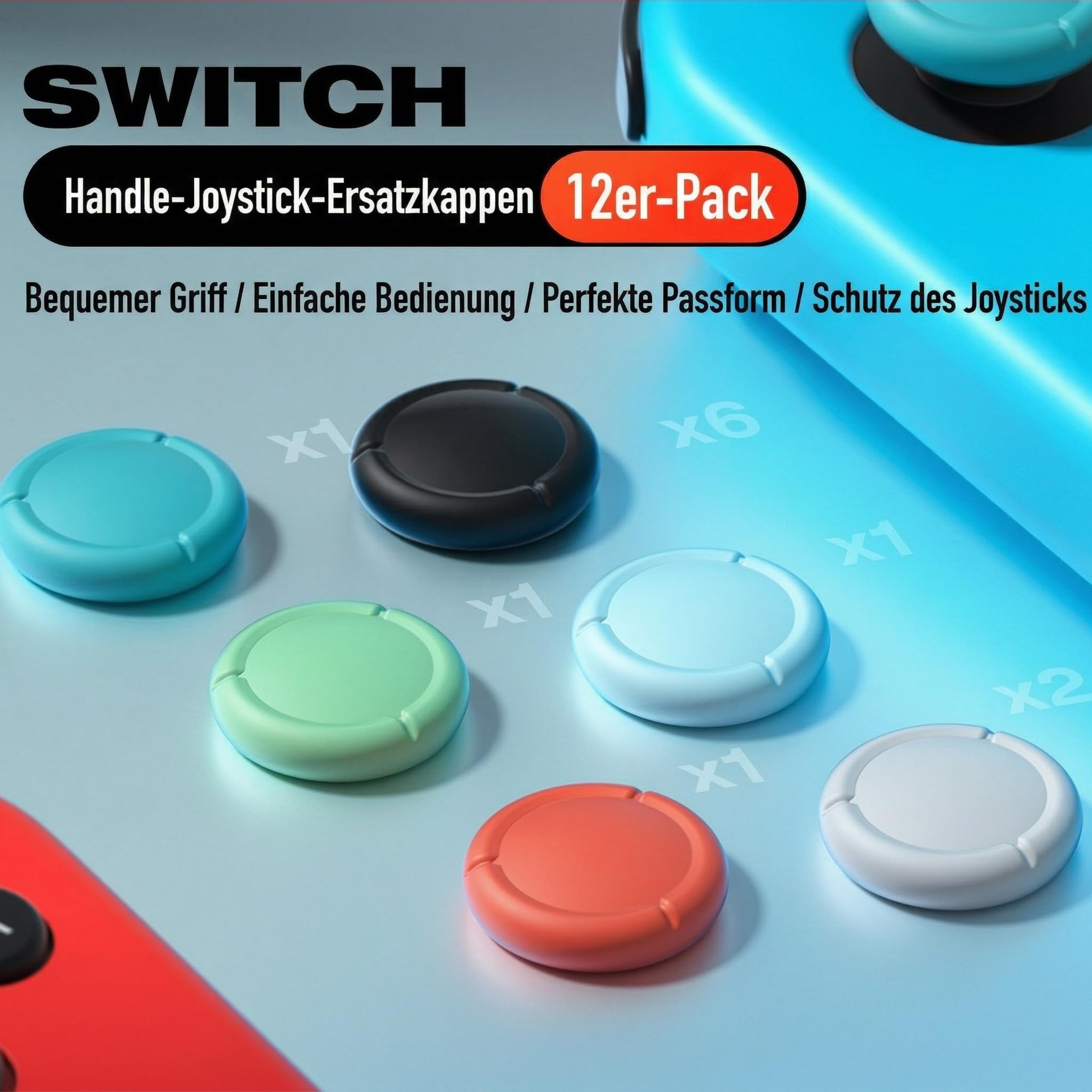 MatoSan Thumbstick Ersatzkappen 12er Set – Kompatibel mit Nintendo Switch, Switch OLED & Switch Lite – Analog Stick Kappen rutschfest, kein Kleber nötig – TPR – Farbmix