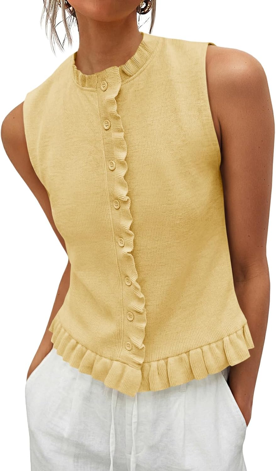Saodimallsu Womens Sleeveless Sweater Vest Ruffle Button Down Knit Tank Top Summer Trendy Going Out Vest Tops