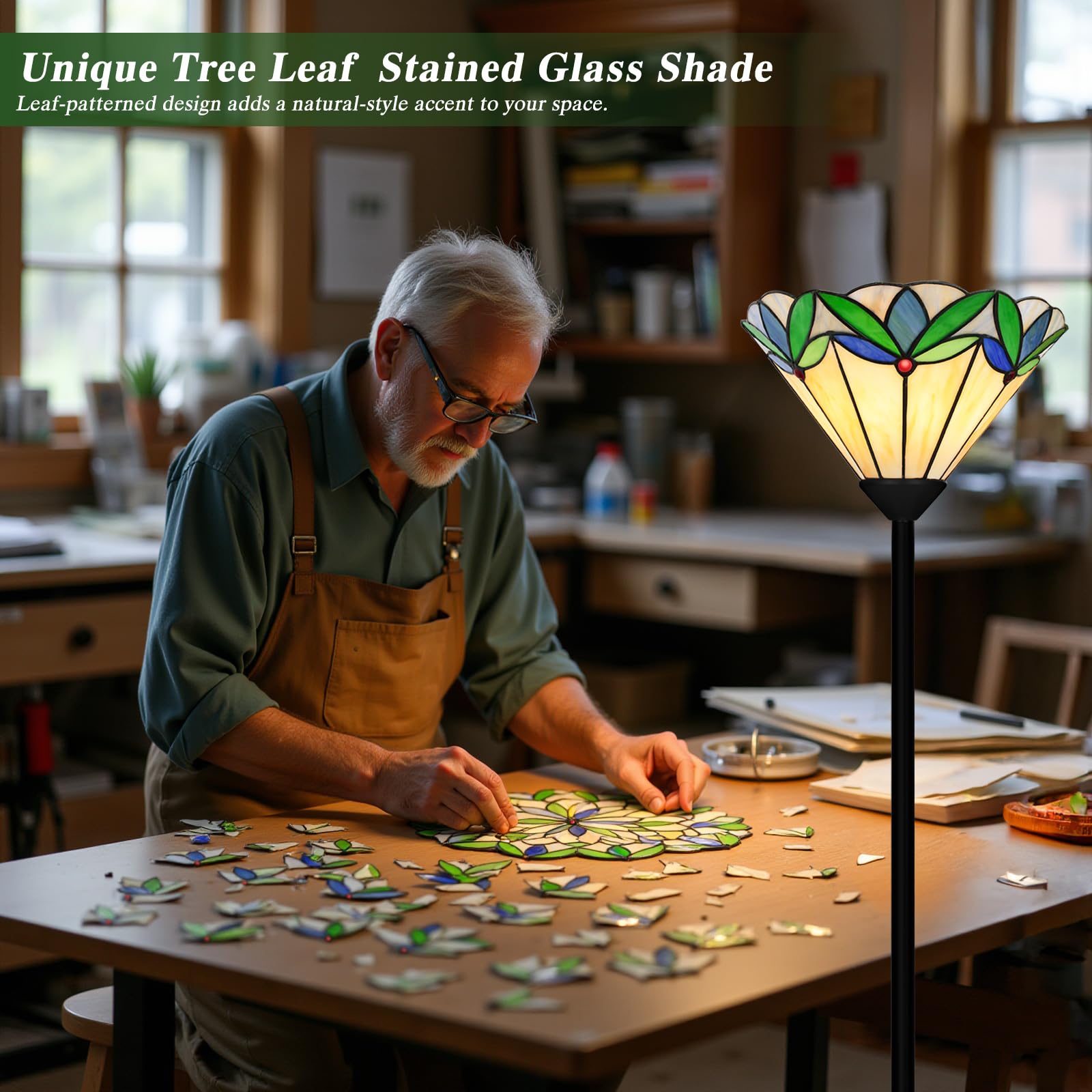 Best Stained Glass Floor Lamp Picks for 2026 1 Seaside village Stained Glass Floor Lamp with Tree Leaf Pattern, Vintage Style T — product photo