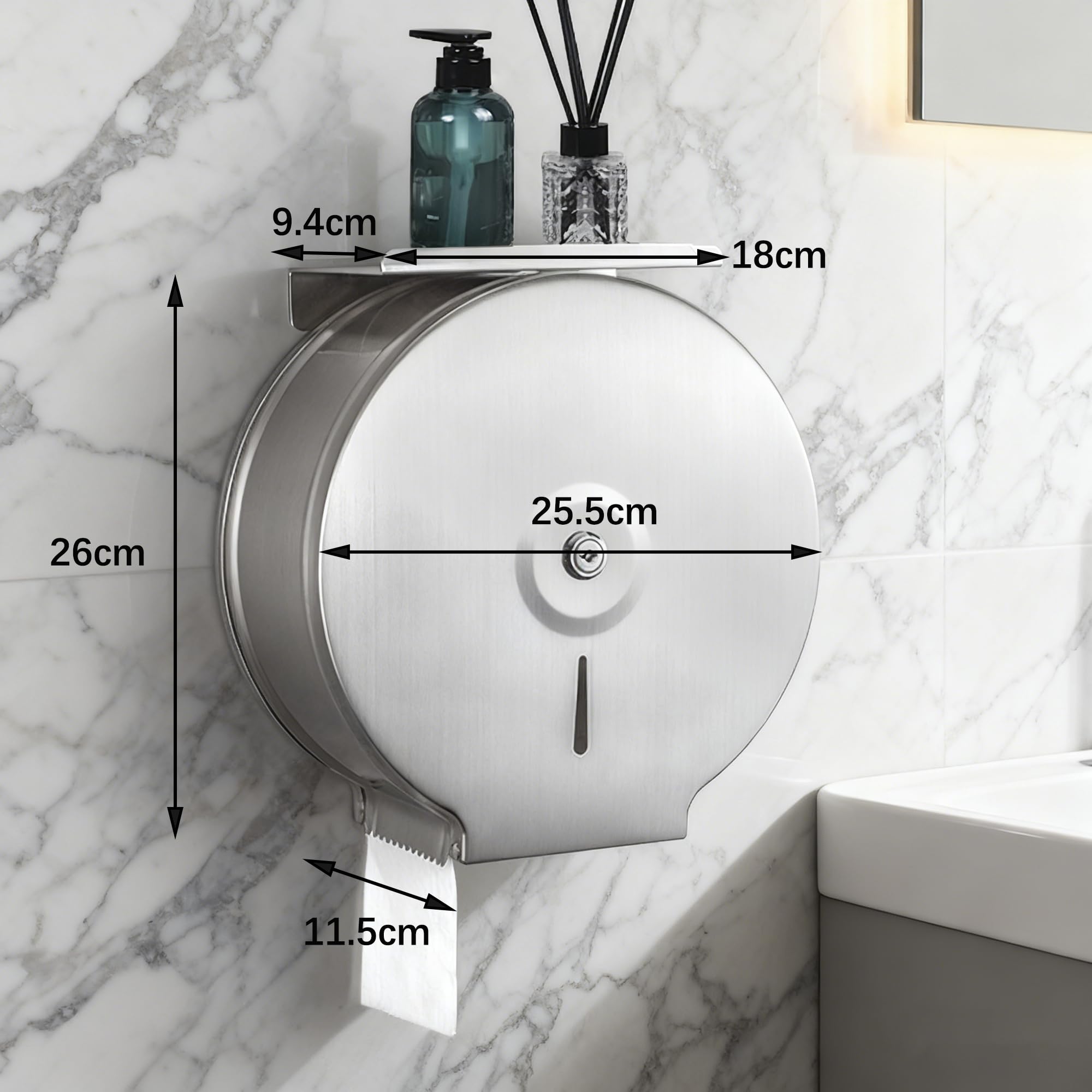 NICEME Dispenser carta igienica commerciali, Funzione di blocco, Distributore industriale medio di rotoli, Diametro 255mm Mandrino 40mm, Argento