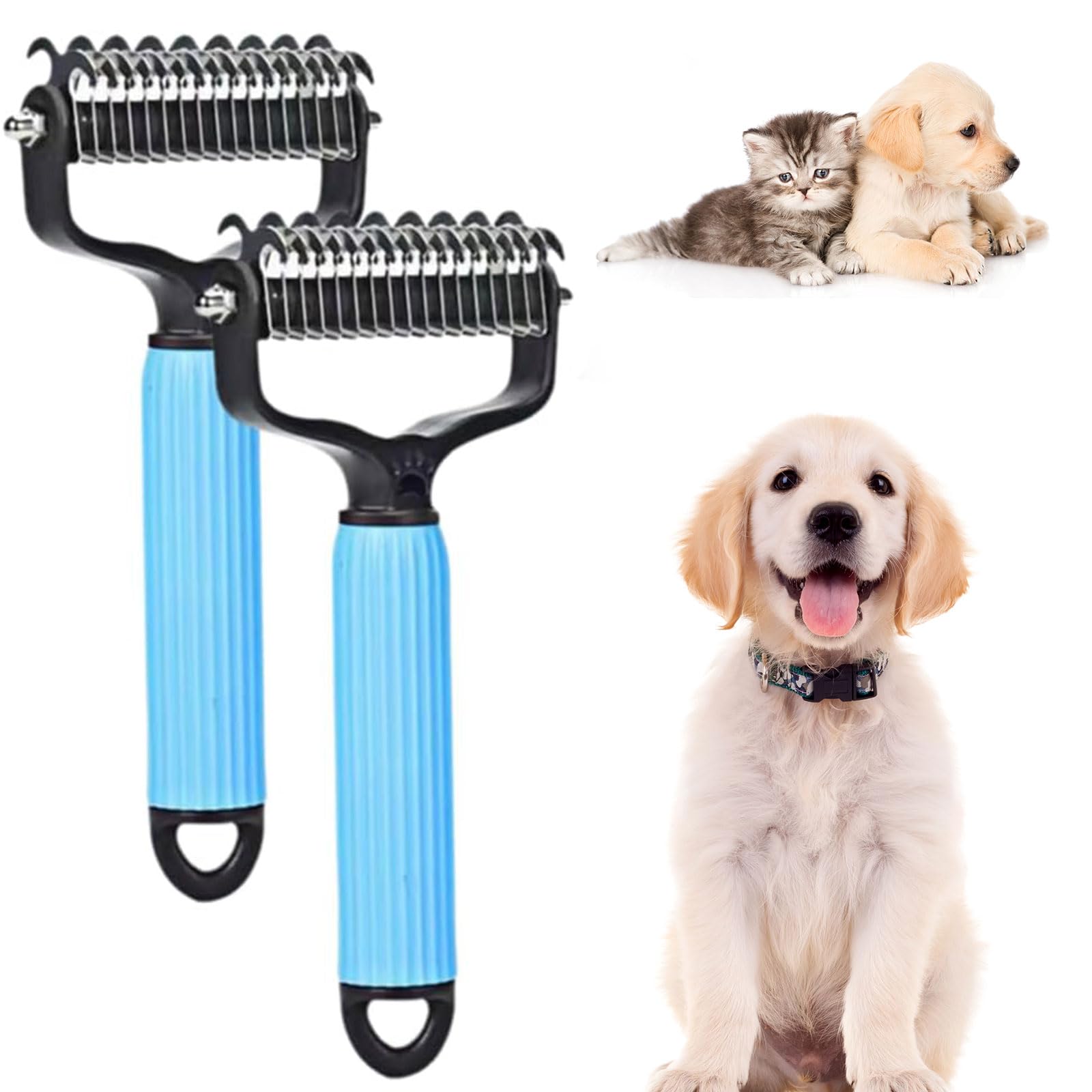 2 In 1 Pet Grooming Tool Dog Brush - 2Pack Double Sided Dematting Comb - Undercoat Rake Deshedding Tool, Cat Matted Fur Remover for Long Haired Cat Dog Tangles Removing ﻿ (Blue)