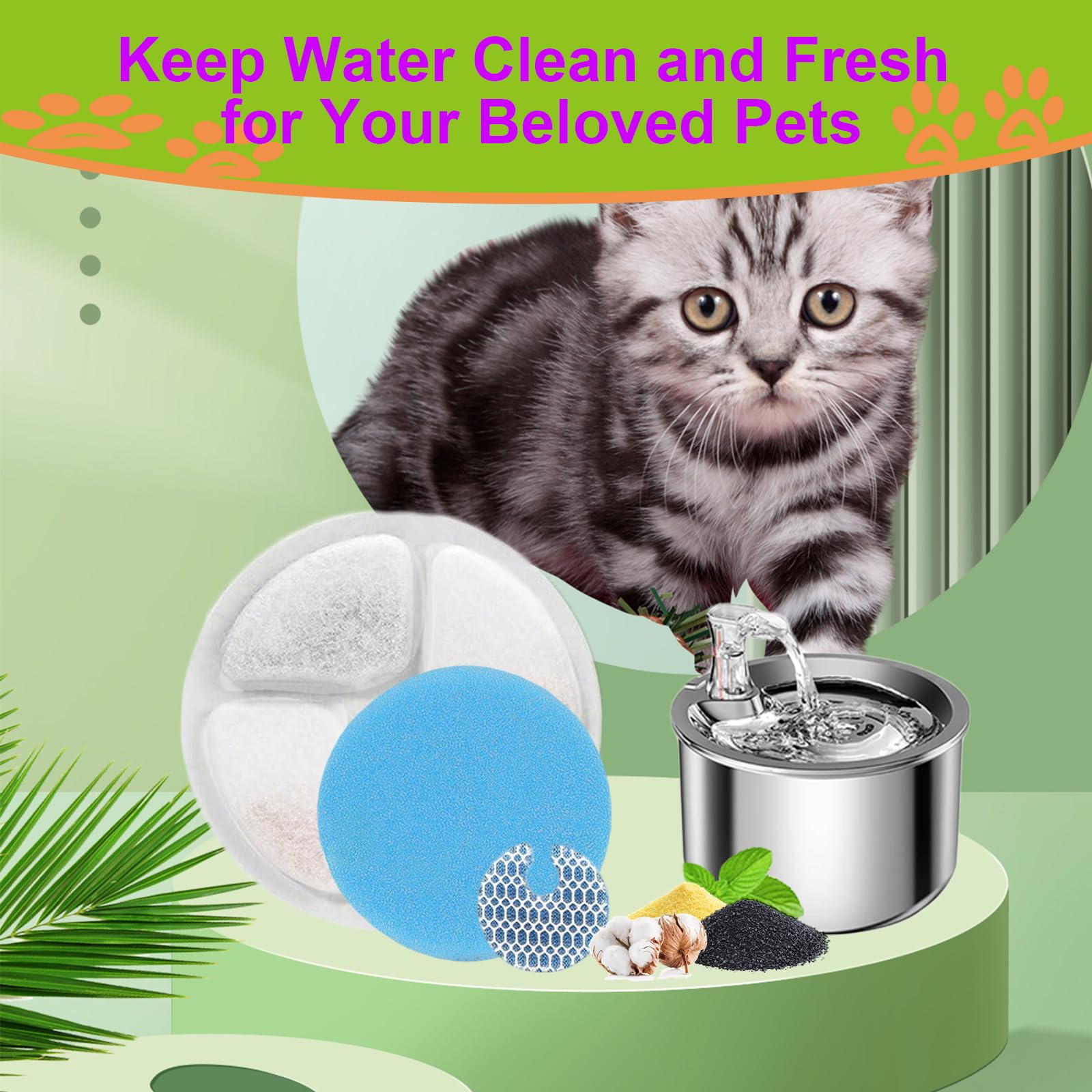 Cat Water Fountain Filter,Cat Fountain Filters Replacement for Round 2L/67oz Stainless Steel Pet Water Fountain,5 Pack Pet Fountain Filter Replacement - image 7