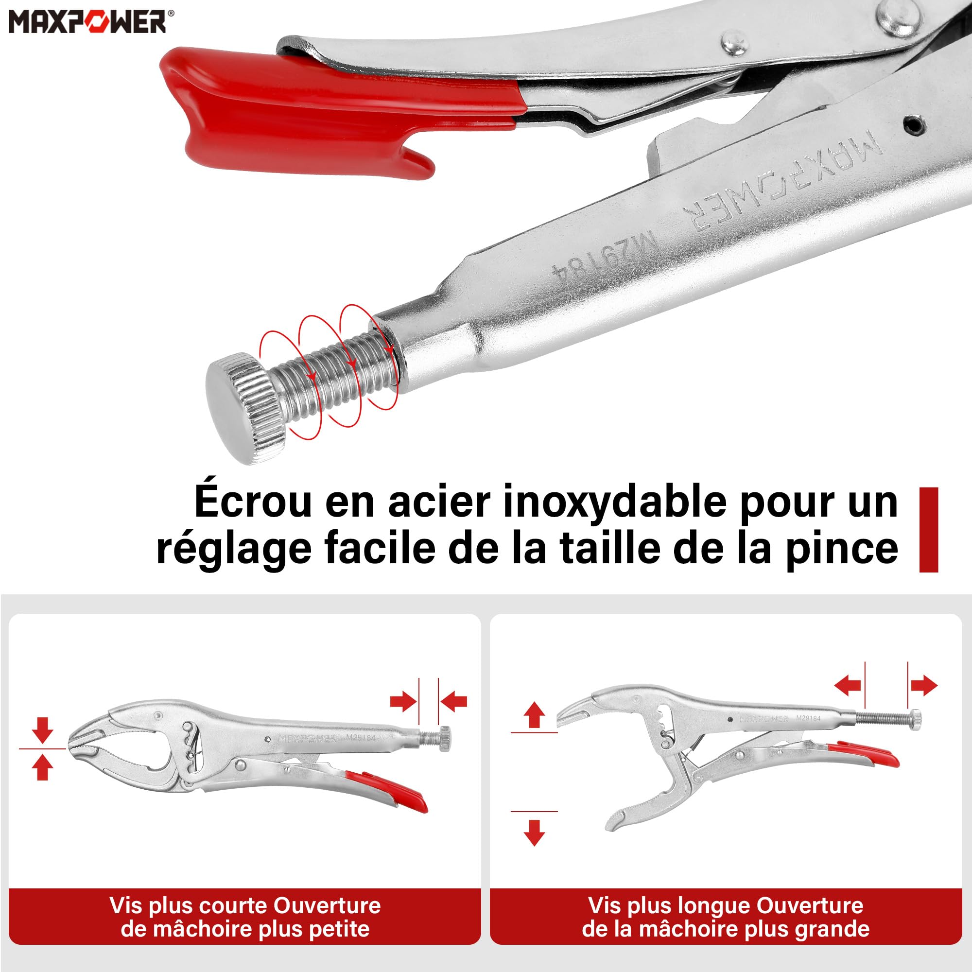 MAXPOWER Pince à etau avec mâchoire de Grand ouverture 100mm，Pince-étau à cran avec bec long déchiqueté avec profondeur de la pince 70mm, Pince-étau pour contenir du bois, du fer et du verre