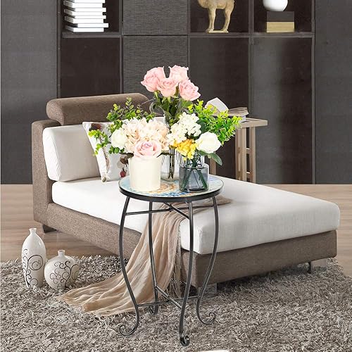 Miniatura 5 de Mesa auxiliar para exteriores, mesa auxiliar de patio, mesa de mosaico al aire libre, mesa de centro redonda para patio, porche, jardín, piscina,