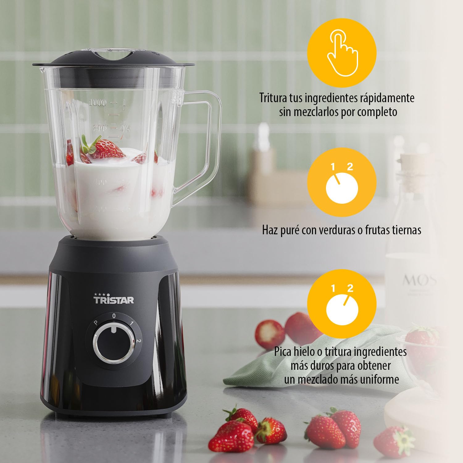 Tristar Batidora, jarra batidora de cristal de 1 litro, 2 velocidades, función pulso para picar hielo, piezas aptas para lavavajillas, negra, 350 W, Smoothie Maker BL-4482