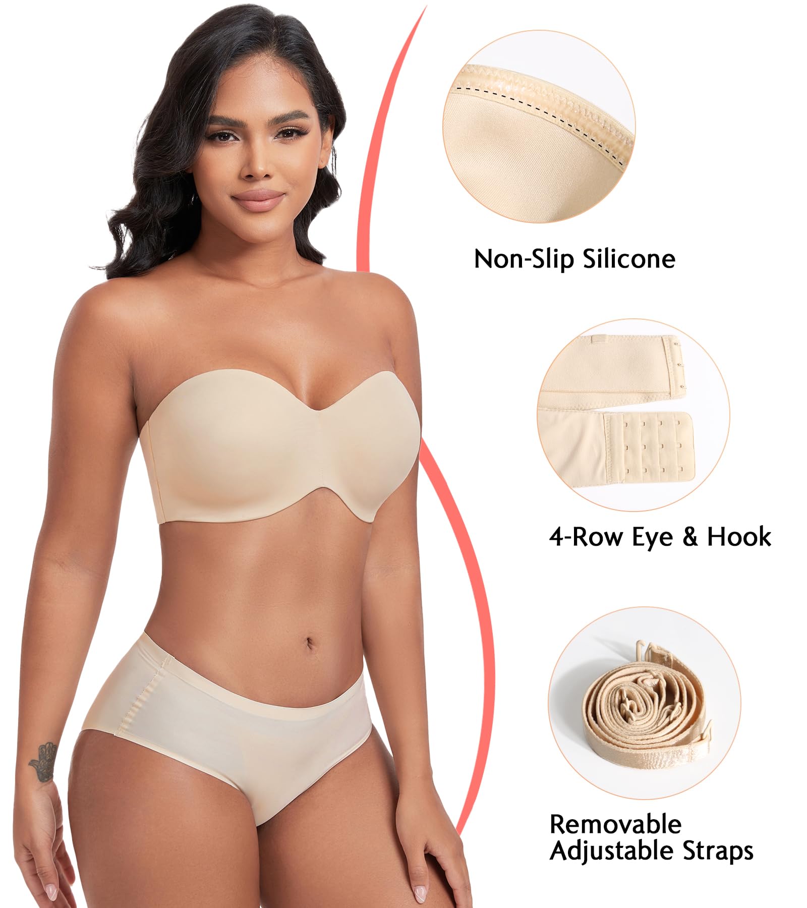 Lemorosy - Soutien-Gorge sans Bretelles pour Femmes à Armatures Décolleté en V avec Bretelles Amovibles Push up