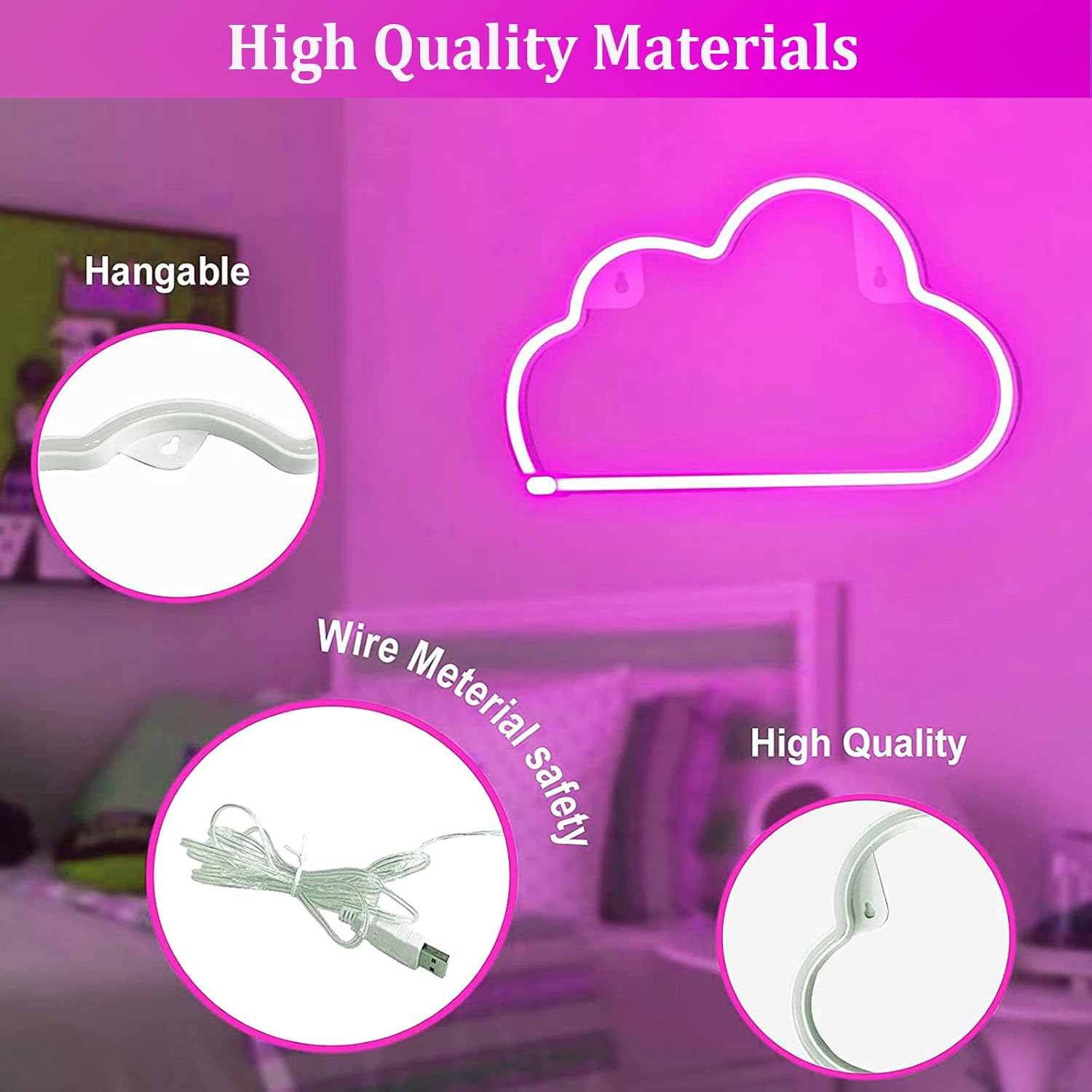Neon Decorative Light Sign For Bedroom Usb Charging Hanging Decor Light For Christmas Birthday Party Kids Room Wedding Bedroom Bar Gaming Living Room (Clouds Pink)