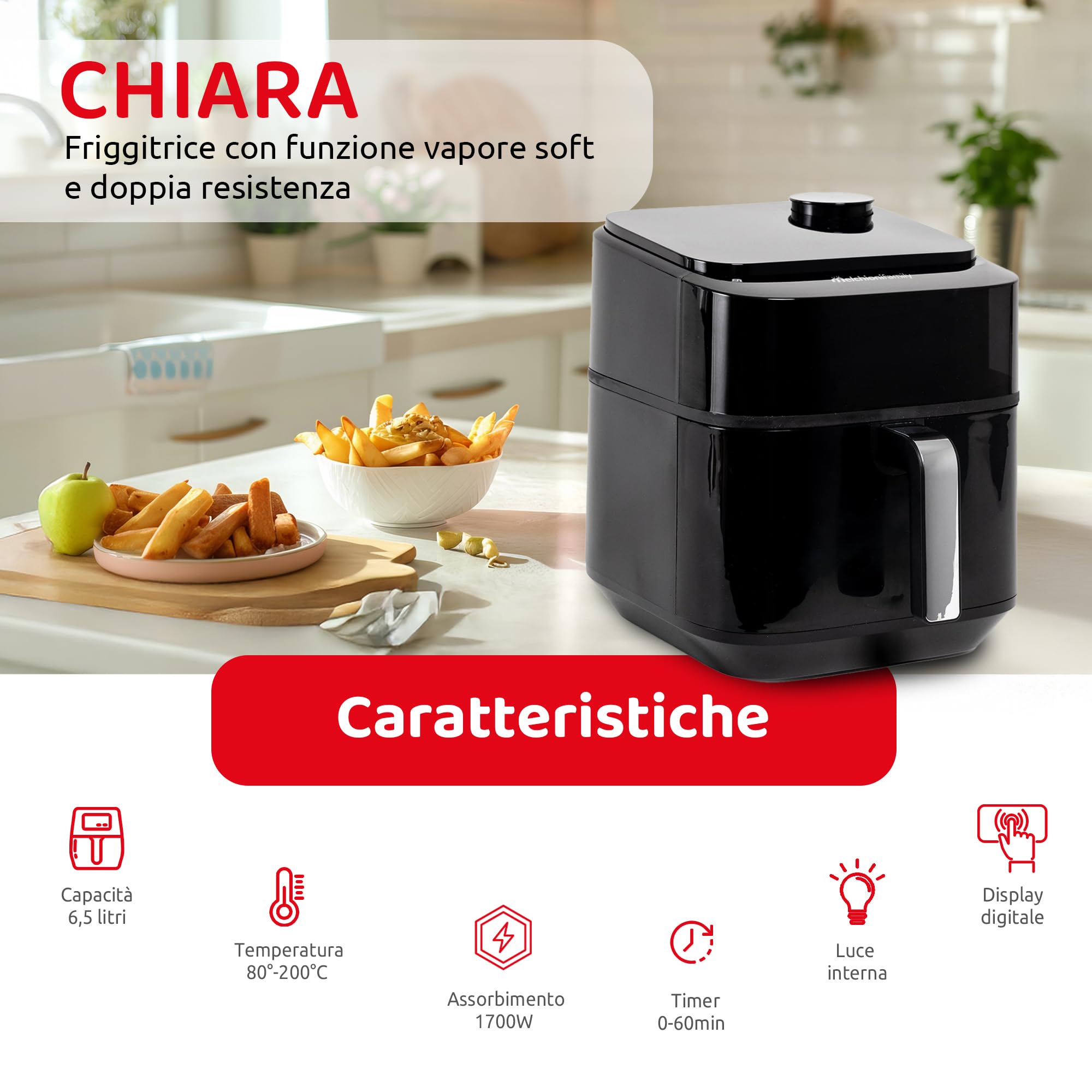Frytkownica Melchioni Family z miękką parą, podwójna rezystancja, pojemność 6,5 l, cyfrowy wyświetlacz i 8 zaprogramowanych programów, cicha, regulowana temperatura 80-200°C, timer 60 min,