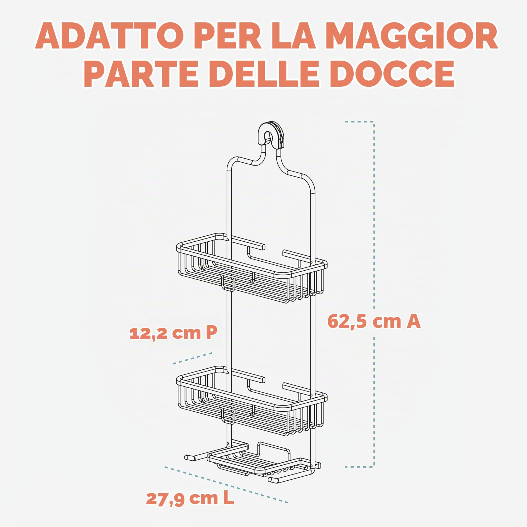 Zenna Home Mensola da doccia sospesa con 2 ripiani, portasapone, porta rasoi e ganci, in cromo satinato, antiruggine, senza fori, organizer per soffione doccia di alta qualità e rack per doccia da