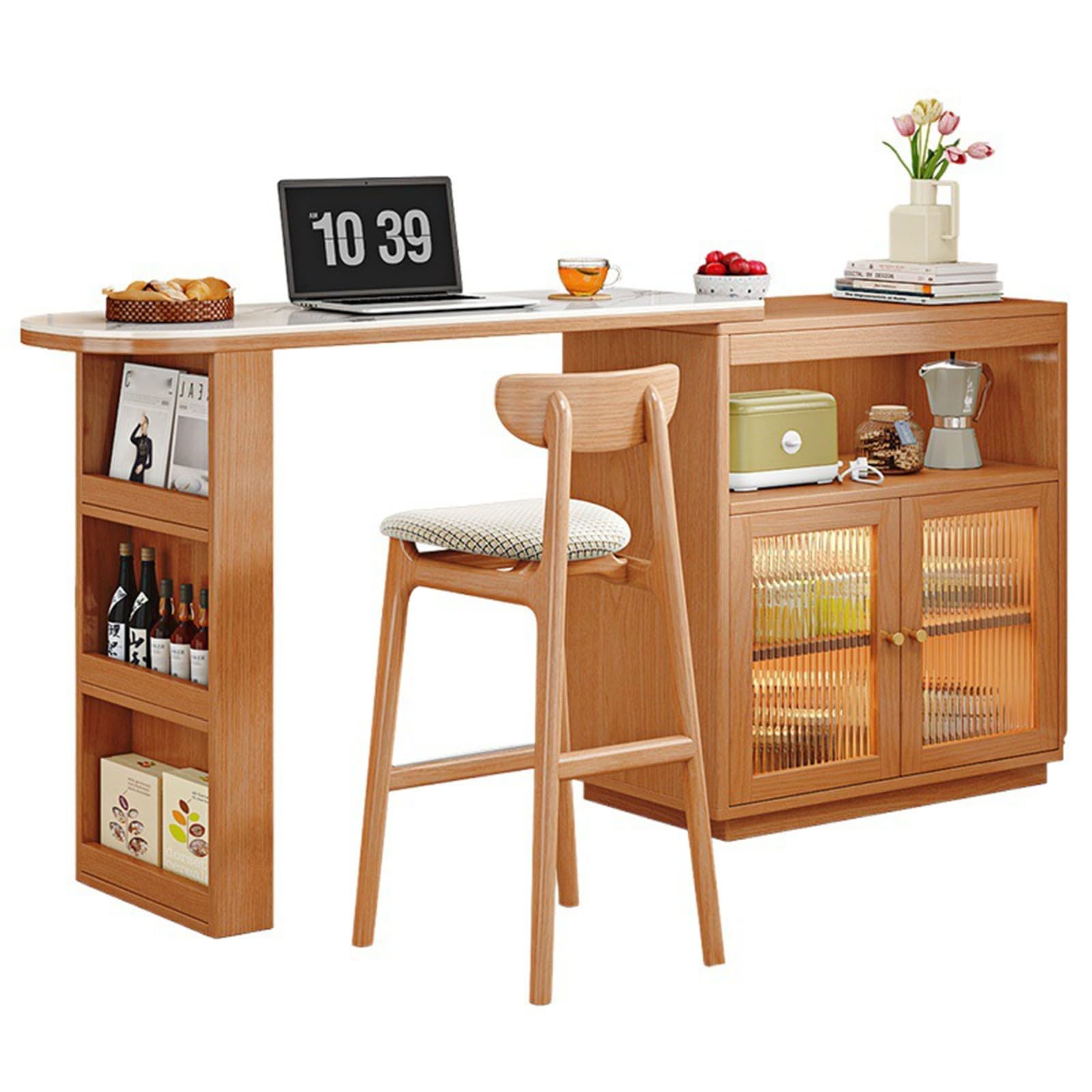 Ausziehbarer Bartisch Mit Stauraum 360° Drehbarer Stehtisch Kücheninsel Mit Glastür Türen 2 Offene Ablagefächer Beweglicher Bar Table für Esszimmer Küchen A,60CM