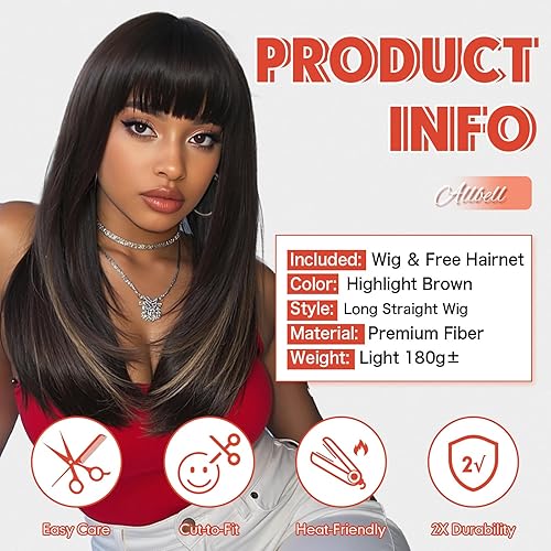 Miniatura 2 de Allbell Pelucas largas y rectas en capas marrones con flequillo de cortina, resistente al calor, pelucas sintéticas naturales para mujeres