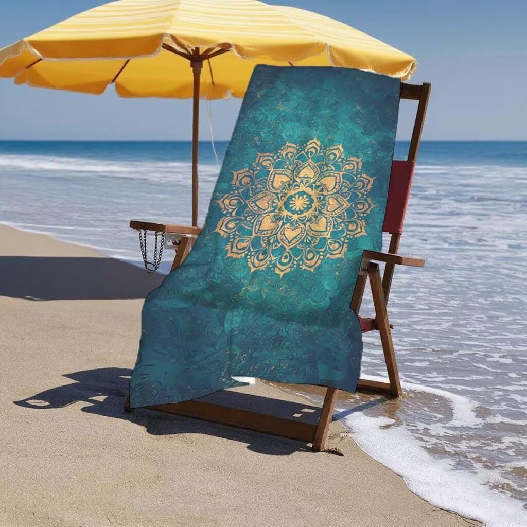 Strandtuch XXL 220x100cm/35x70cm 2er Set Mikrofaser Strandtuch, Schnelltrocknend Strandliege Kompakt Sandfrei Saunahandtuch mit Tasche, Mikrofaser Handtuch für Strand Reise Urlaub (Mandala) H-45