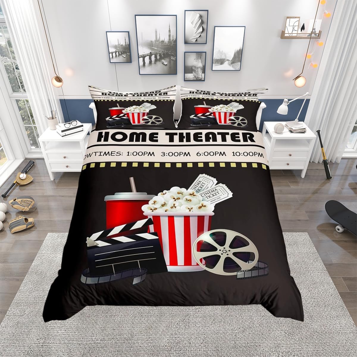Vintage Cinema Ticket Duvet Cover Movie Theater Theme Bedding Set Filmstrip Home Decorative Comforter Cover Bedroom Decor Bedspread King Size with 2 Pillow Case