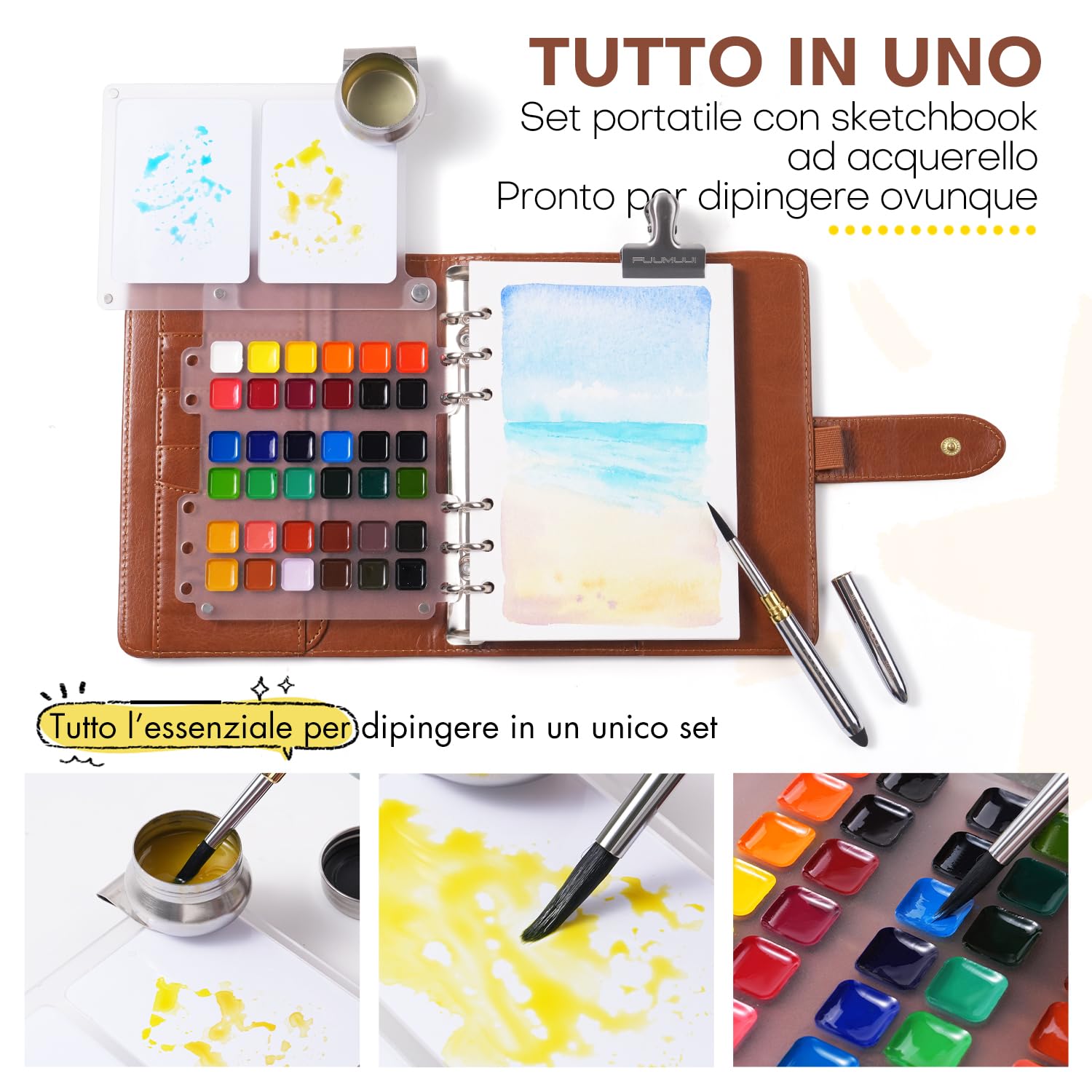 Kit Acquerelli da Viaggio con Sketchbook - 36 Colori, Tavolozza e Pennello da Viaggio, 20 Fogli in Carta 100% Cotone 300 g/m², Copertina in Pelle Vegana, ideale per Urban Sketching, Pittura all'Aperto