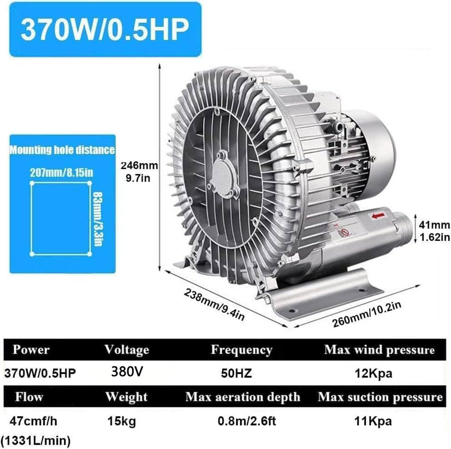 Soffiante Rigenerativo Ad Alta Pressione, Soffiante Vortex, Elettricità Trifase,380 V, Pompa per Vuoto Industriale per Soffiaggio O Aspirazione Dell'aria,370W/0.5HP