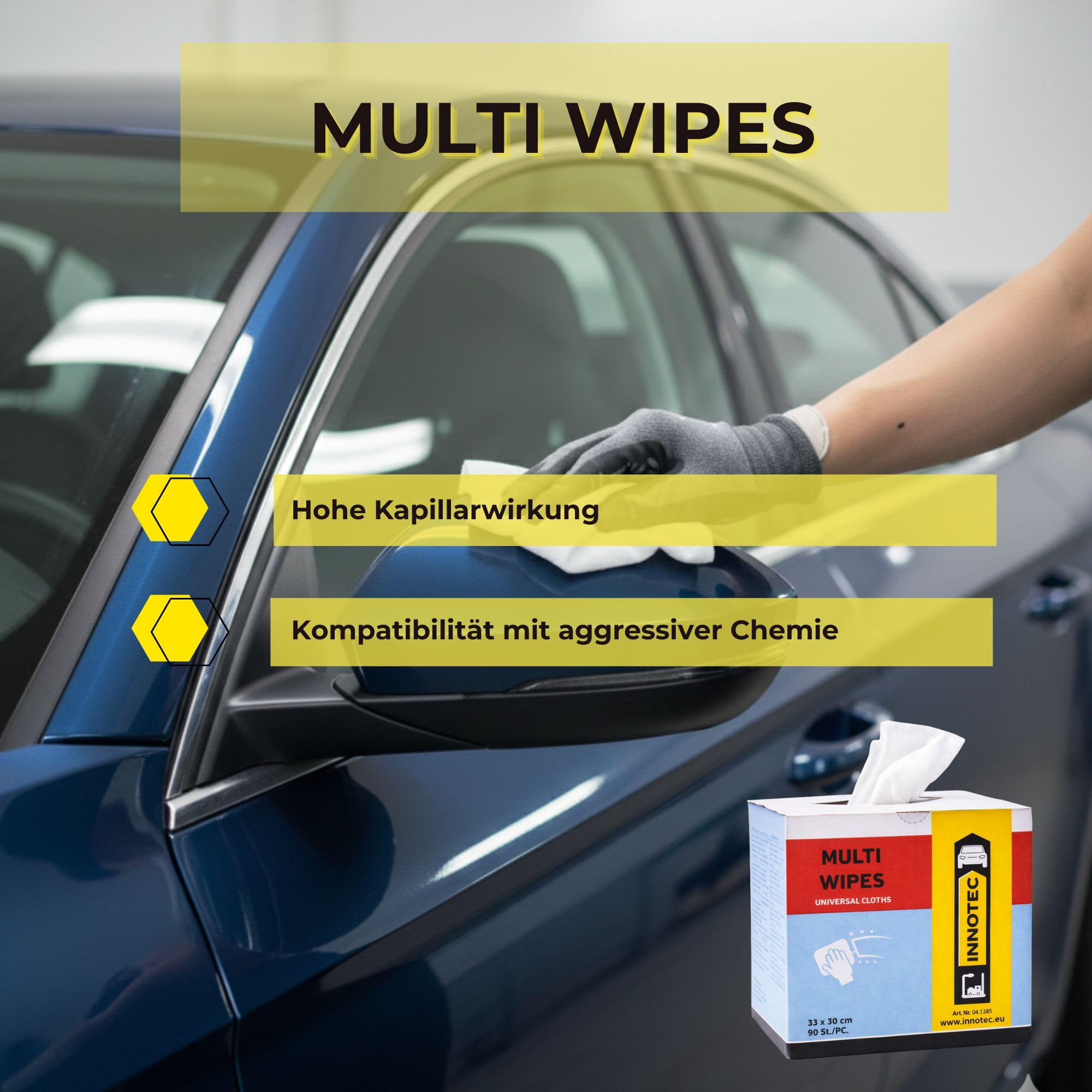 4 Stück INNOTEC Multi Wipes 90 Stück Karton – Profi Universal-Reinigungstücher fusselfrei & reißfest – Kfz Werkstatt Putztücher ideal für Politur, Glas & Entfettung – Saugstark & Chemikalienbeständig