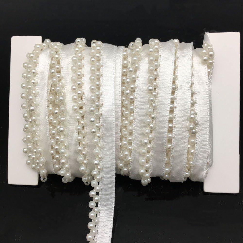 FQTANJU 5 Yards Faux Pearls Lace Ribbon Applique Pearl Fringe for Wedding Party Decoration, Home Deco, Lamp Shade, Costume, Lvory.