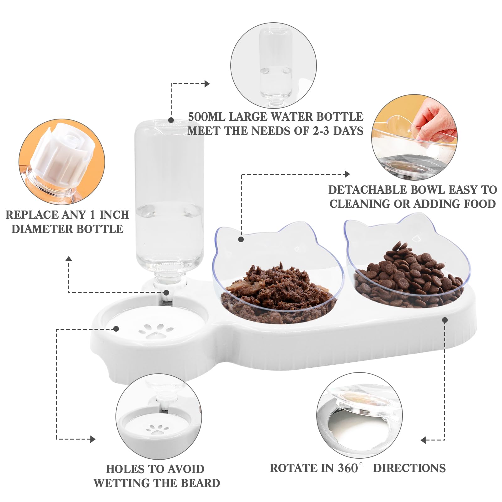 Triple gamelles 3 en 1 pour chien et chat, inclinaison de 15 °, double gamelle avec bouteille d'eau automatique, bol amovible pour nourriture humide et sèche pour petit chat et chiot (blanc)