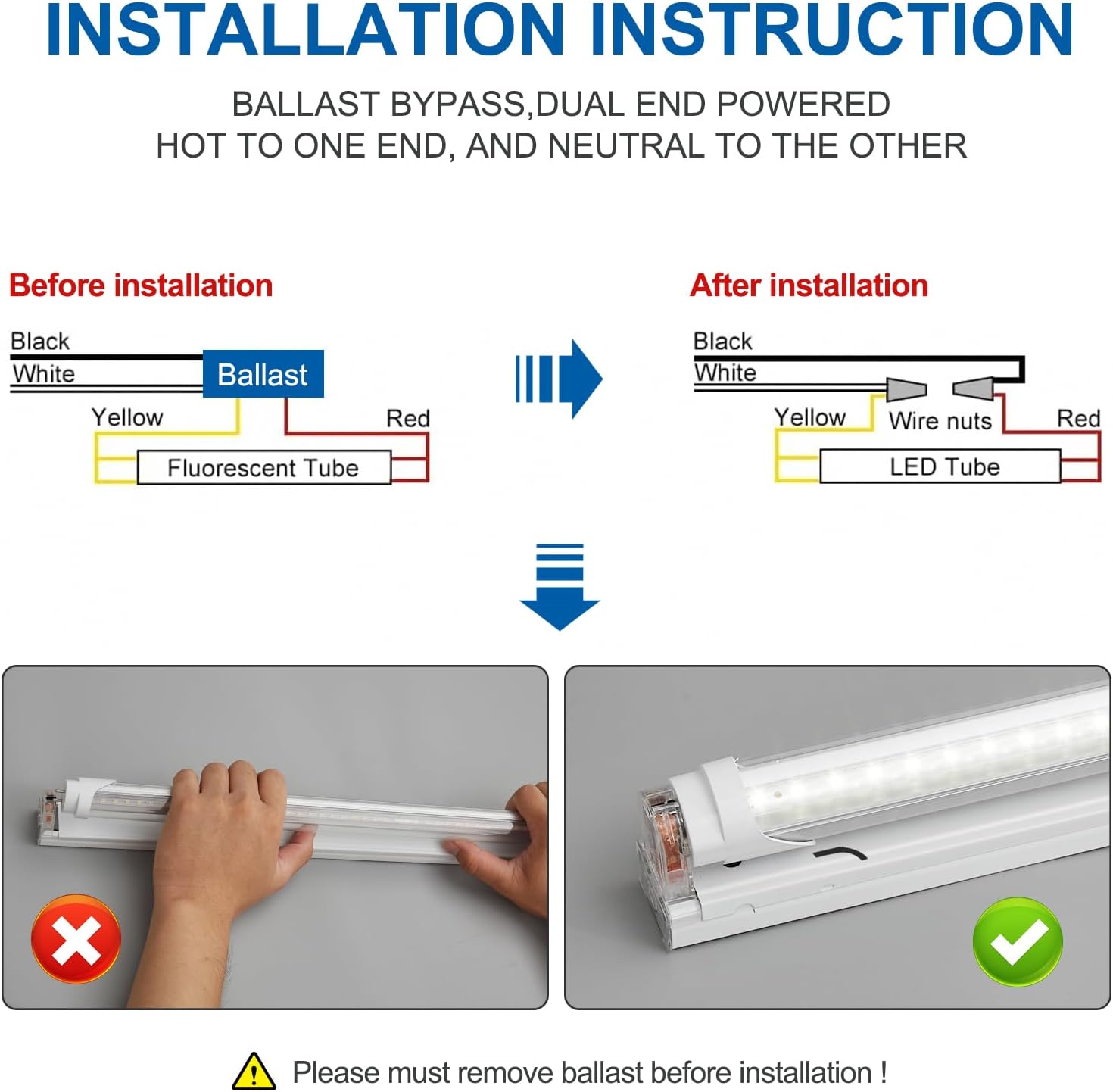 4-Pack T8 LED 2FT Type B Light Bulbs, 10W (24W Equivalent), 5000K, 1300LM for G13, 2 Foot LED Fluorescent Tube Replacement,Super Bright Lamp Beads, Dual-Ended, Remove Ballast, Clear Cover