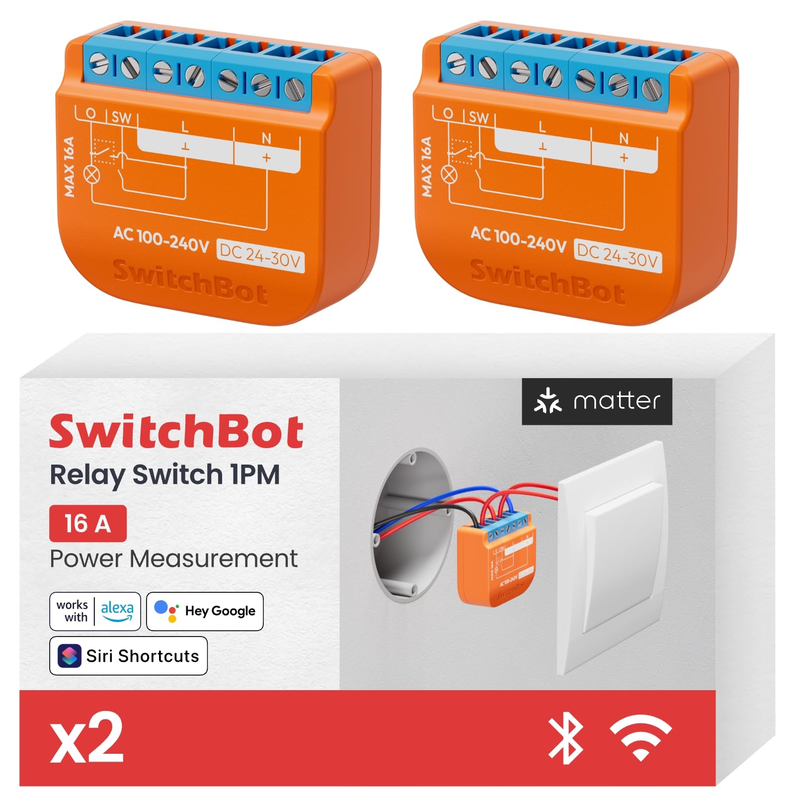 SwitchBot Matter Relais Schalter 1PM, Wlan Schalter kompatibel mit Alexa/Apple Home/Google Home, Leistungsmessendes Relaisschaltmodul mit integriertem Bluetooth Repeater, Bluetooth&WiFi 2,4GHz,16A