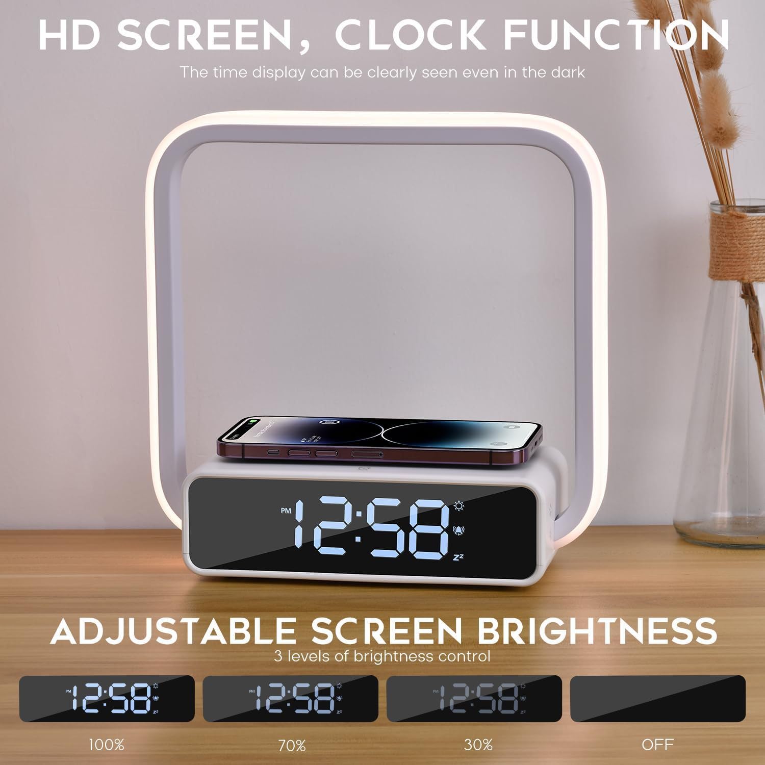 Nachttischlampe Tischlampe mit 10W Kabelloser Ladefunktion RGB Farben Stimmungslicht LED Lichtwecker Touch Dimmbar mit 3 Helligkeitsstufen Nachtlicht Wecker mit Licht für Kinderzimmer Schlafzimmer