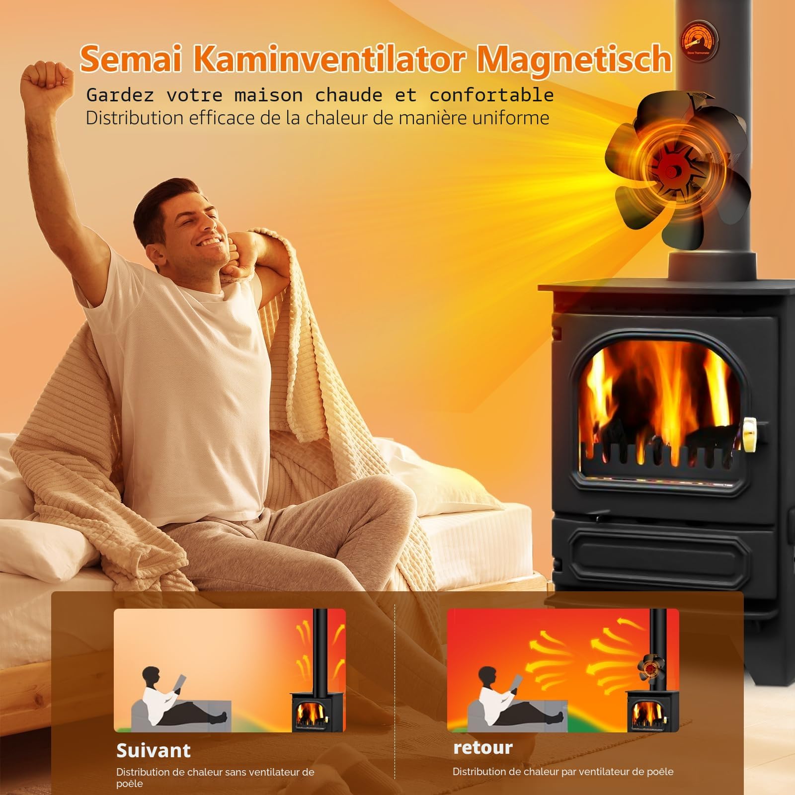 semai 6 Pale Magnétiques Ventilateur Poele à Bois, Amélioration Alimenté à la Chaleur Ventilateur Cheminee, Silencieux avec Thermomètre pour Bois/Bûches/Cheminée/Tuyau de Poele rechange anneau