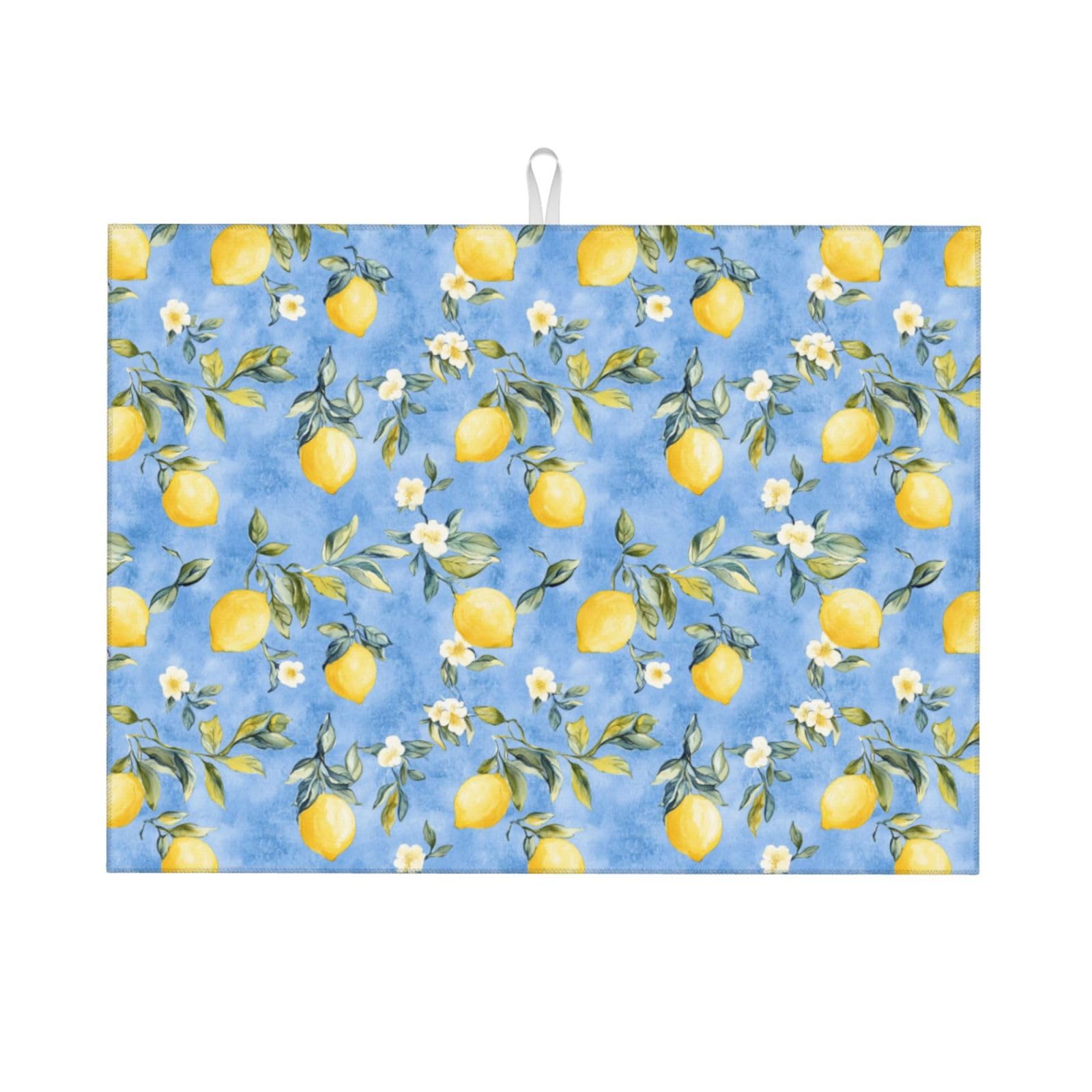 Dish Drying Mat for Kitchen Blue Watercolor Lemon Flower Counter