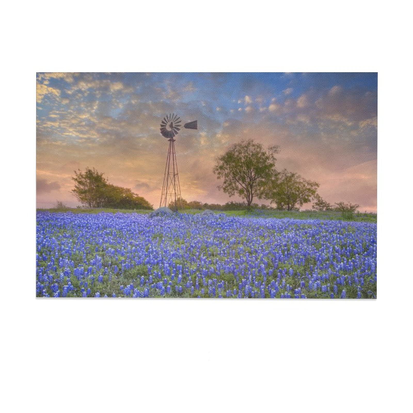 MIPOPS Windmill Texas Bluebonnet Bloom Wall Art Decor Print Picture Paintings for Living Room Bedroom Decoration 24x36inch(60x90cm)