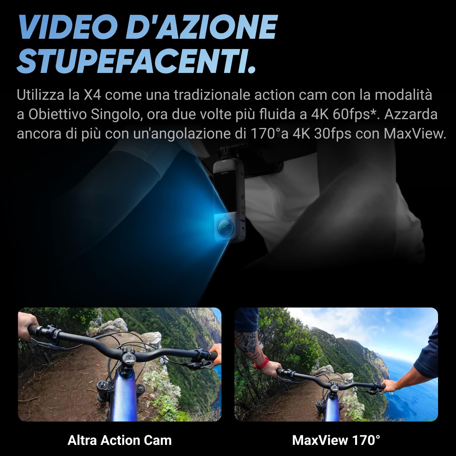 Insta360 X4 Pack Standard - Action Cam 360° 8K Impermeabile, Video Grandangolari in 4K, Effetto selfie stick invisibile. Protezioni Lenti Rimovibili, Autonomia Batteria 135 min, Editing IA