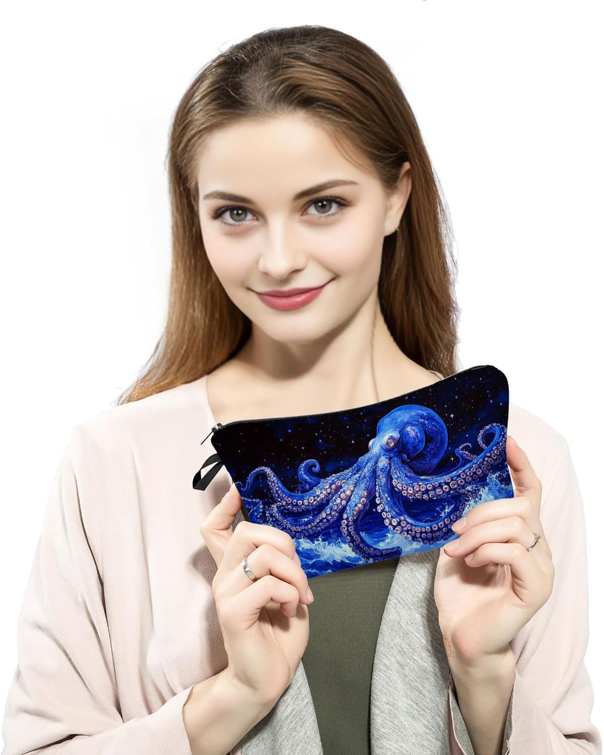 Blue Octopus Print Cosmetic Makeup Bag Appreciation Gifts Small Zipper Toiletry Bag Christmas Birthday Gifts for Octopus Lovers Best Friends Women Sisters Organizer Storage Purse - Image 4