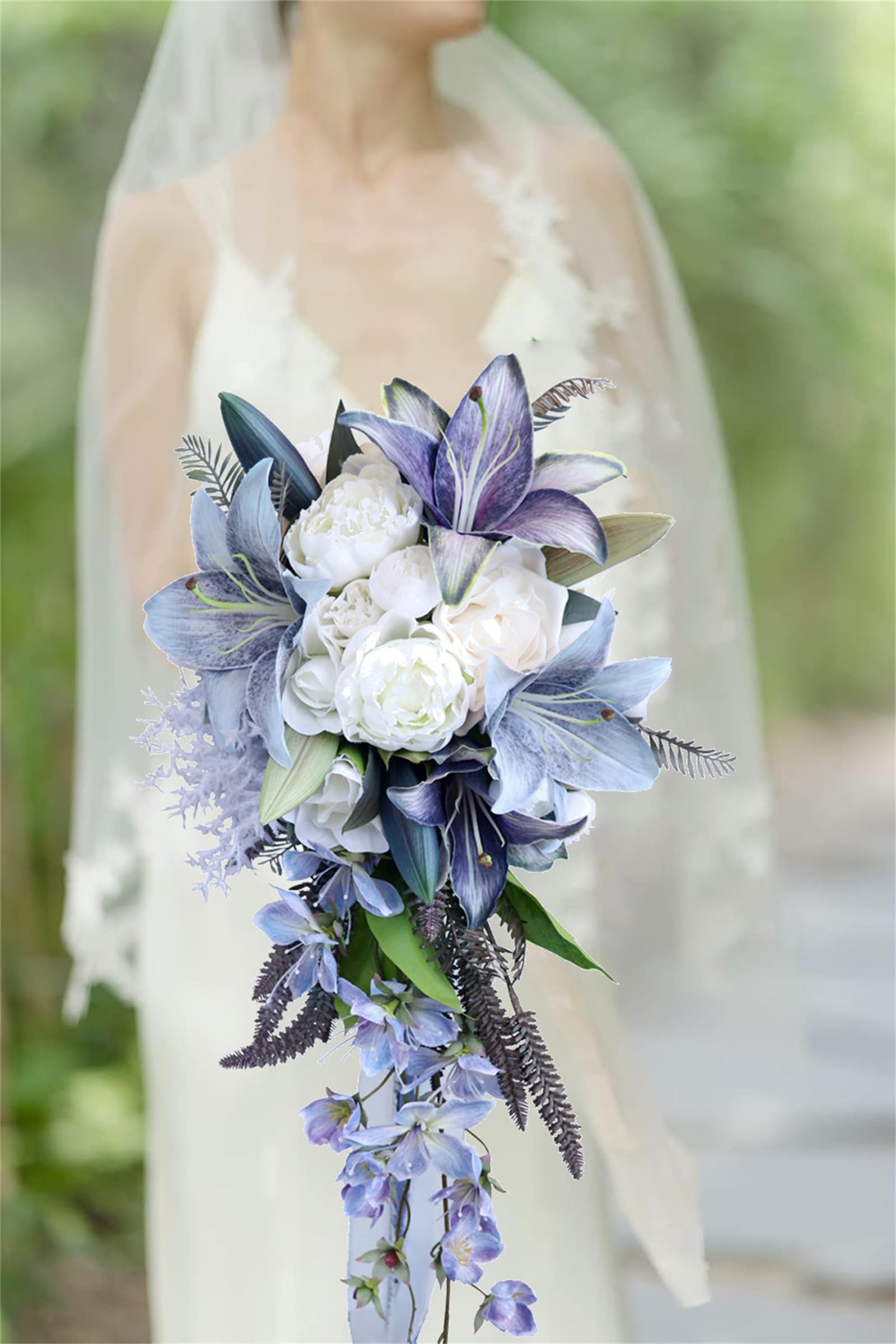 CHAKEUZND Bridal Wedding Bouquets， 24.4in Purple Lily Drop Shape Bridal Bouquet Teardrop, Vintage Oil Painting Bridal Holding Bouquet for French Wedding Party Ceremony Decor