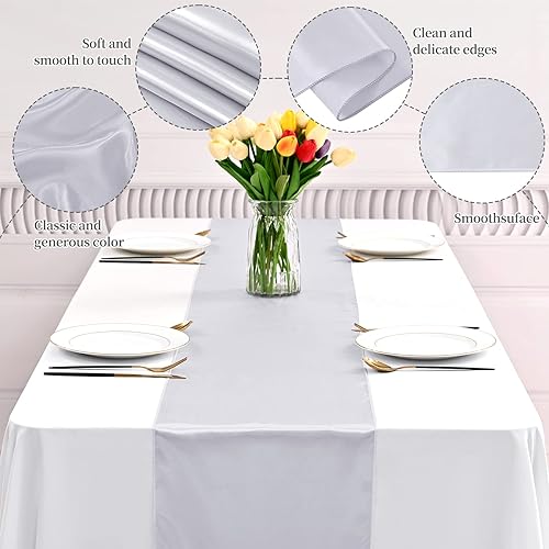 Miniatura 3 de Paquete de 12 caminos de mesa de satén plateado de 12 x 108 pulgadas de largo, para decoración de bodas, fiestas, eventos, fiestas de cumpleaños,