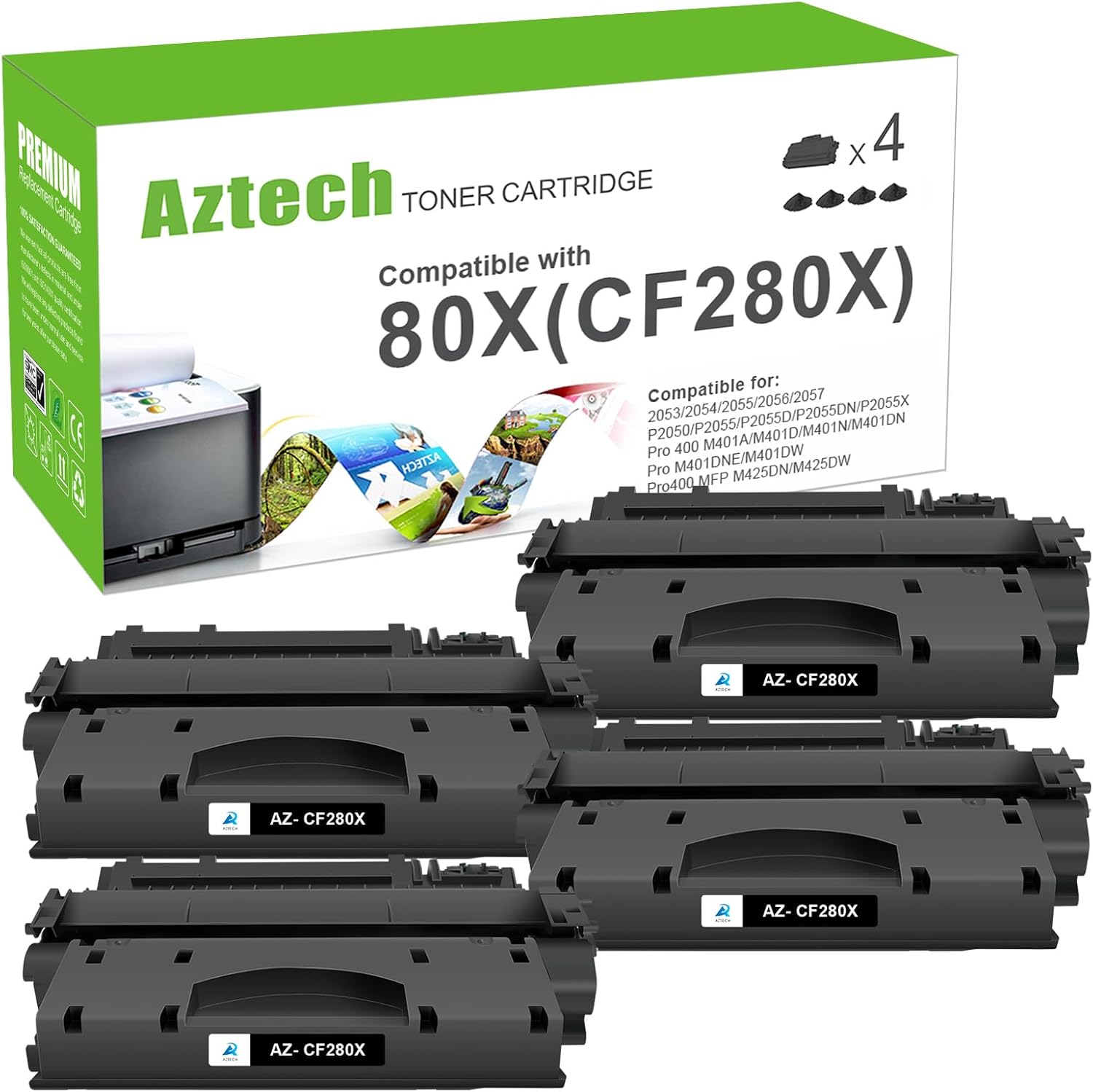 Aztech Compatible Toner Cartridge Replacement for HP LaserJet 80X CF280X 80A CF280A for HP Pro 400 M401A M401D M401N M401DNE MFP M425DN Printer Ink (Black, 4-Pack)