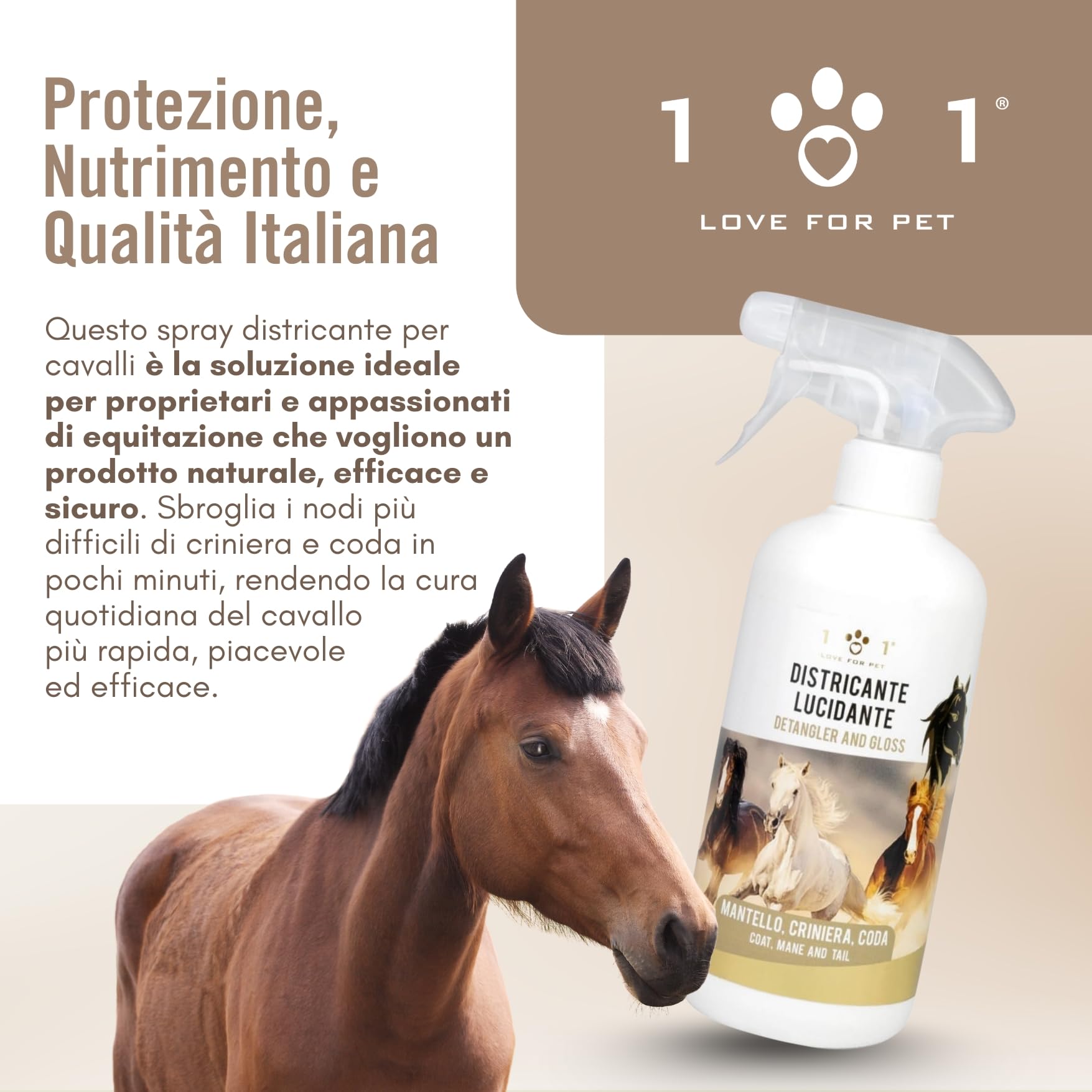 Districante Cavalli Spray Naturale 750 ml Lucidante e Detergente Vegetale per Manto, Criniera e Coda Districante per Cavalli Non Unge, Effetto Shine, Cruelty Free