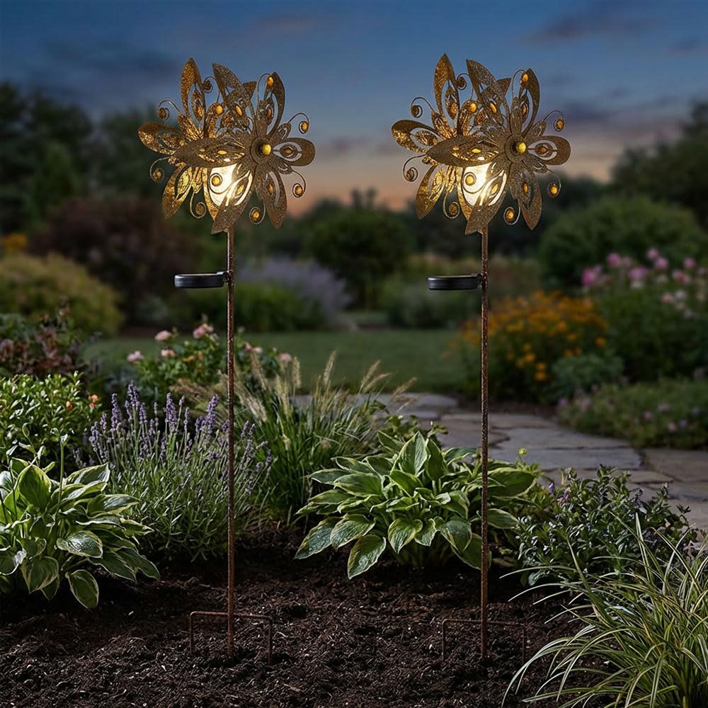 Solarleuchte Windrad Solarlampe Erdspieß Gartendeko Solar Gartenstecker rost, Metall, LED warmweiß, LxBxH 32x17,5x124 cm, 2er Set