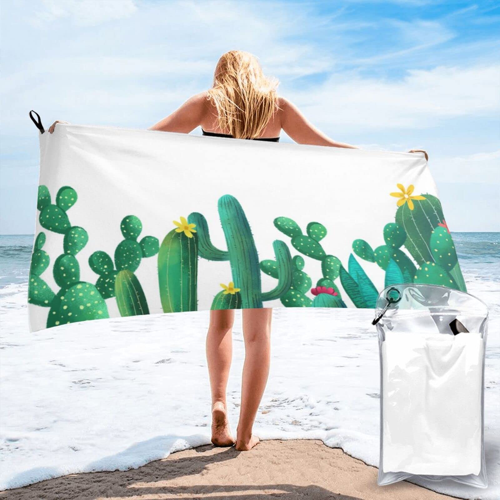 Lawenp Watercolor Cactus Microfiber Beach Towel Adults Large Quick Drying Bath Towel Travel Towels with Pouch 31.5"x63"