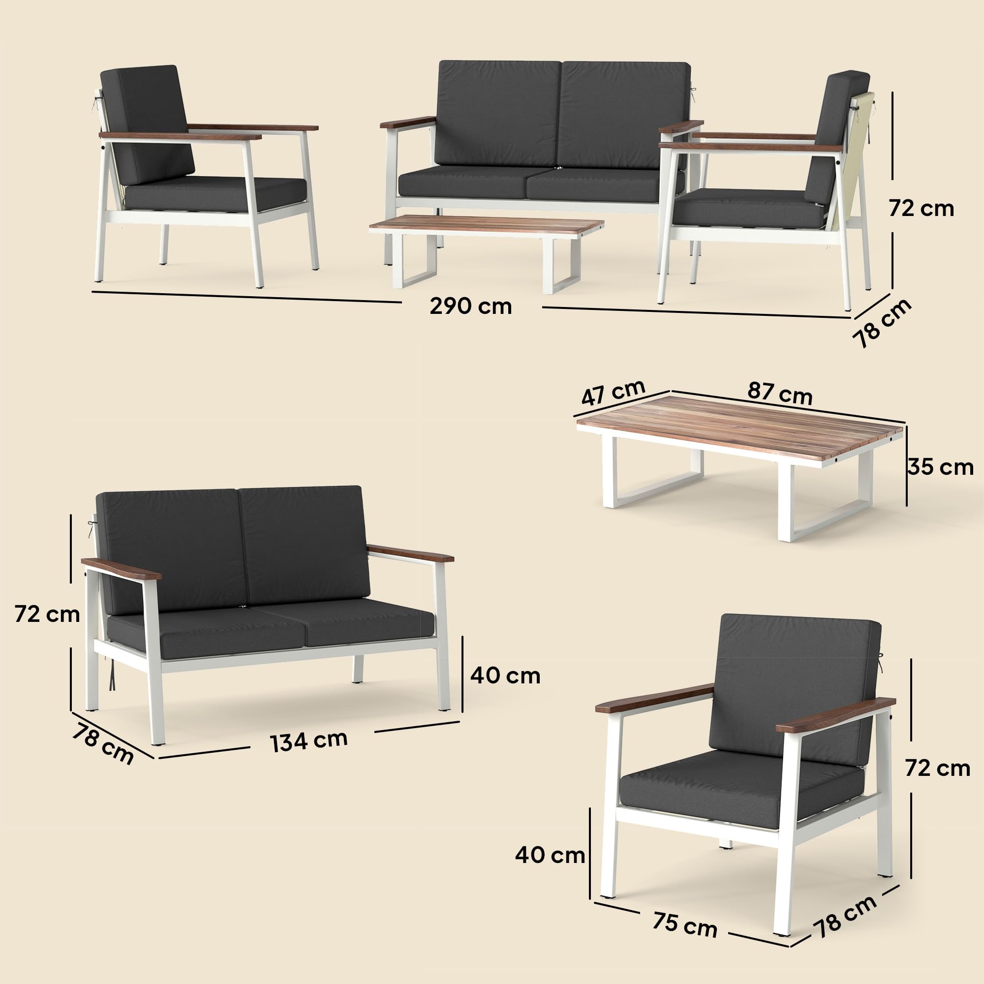 Outsunny Set Salotto da Giardino 4 Pezzi, Set di Mobili da Giardino in Legno di Acacia e Metallo con Divano 2 Posti, 2 Poltrone, Tavolino, Cuscini, Schienale Intrecciato, Salottino da Esterno, Grigio