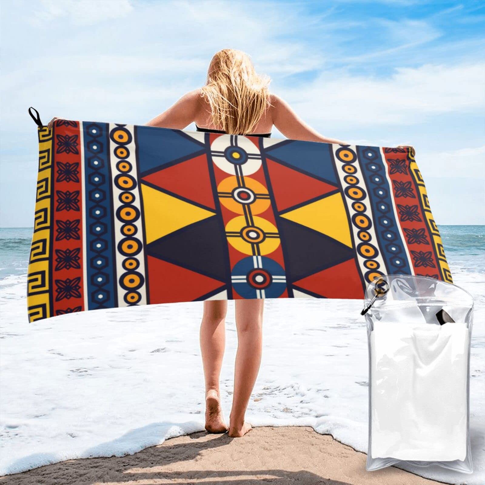 Lawenp African Ethnic Art Microfiber Beach Towel Adults Large Quick Drying Bath Towel Travel Towels with Pouch 31.5"x63"