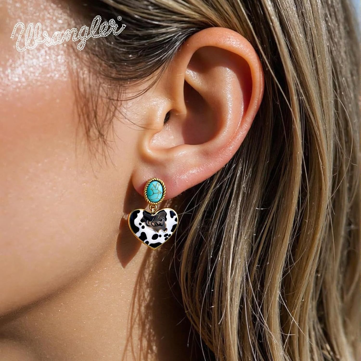 Wrangler Western Heart Drop Dangle Earrings for Women Statement 14k Gold Turquoise Cow Print Cowgirl Trendy Jewelry - Image 2