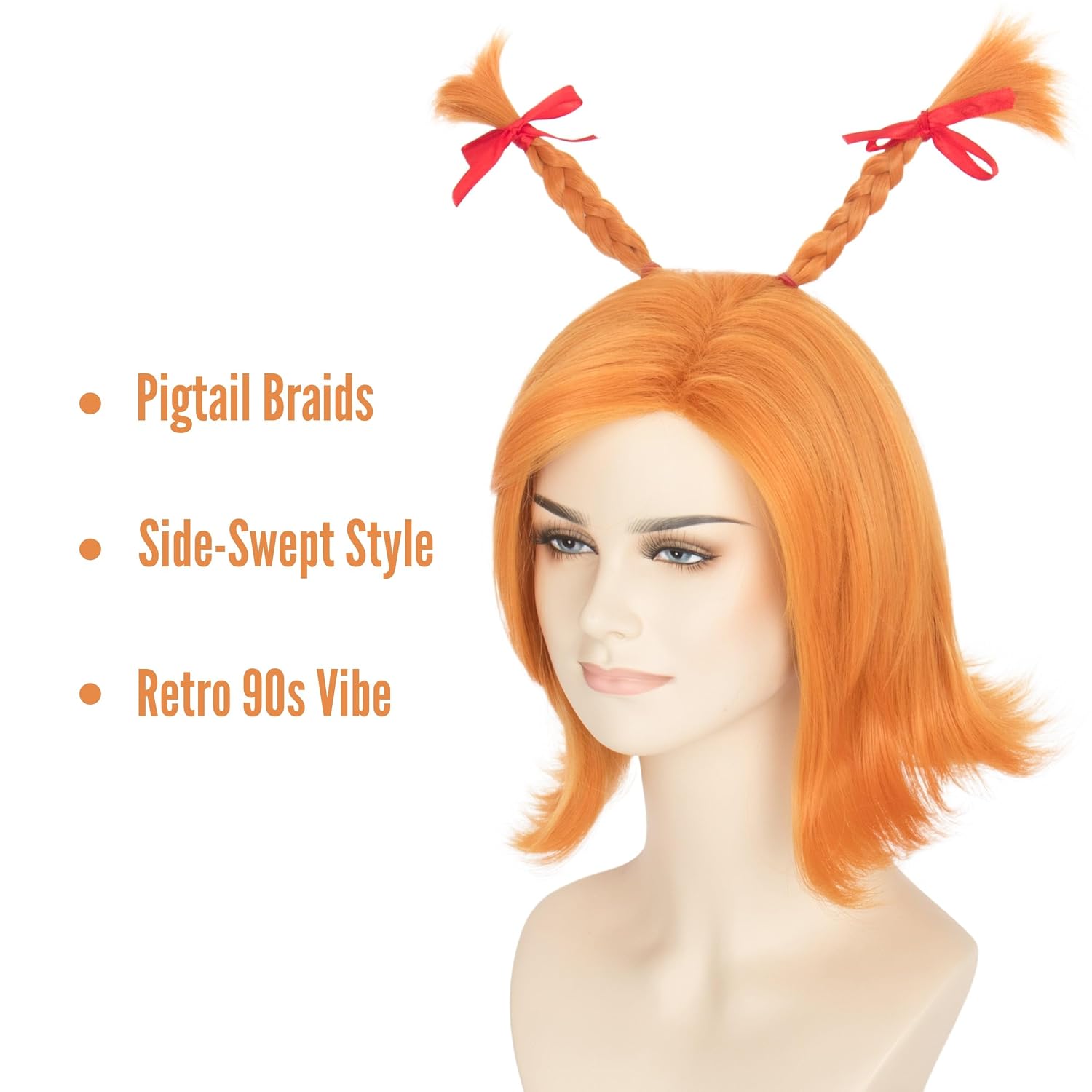 Miss U Hair Short Straight Orange Wig with 2 Standing Pigtail Braids and Red Bow for Cosplay Parties