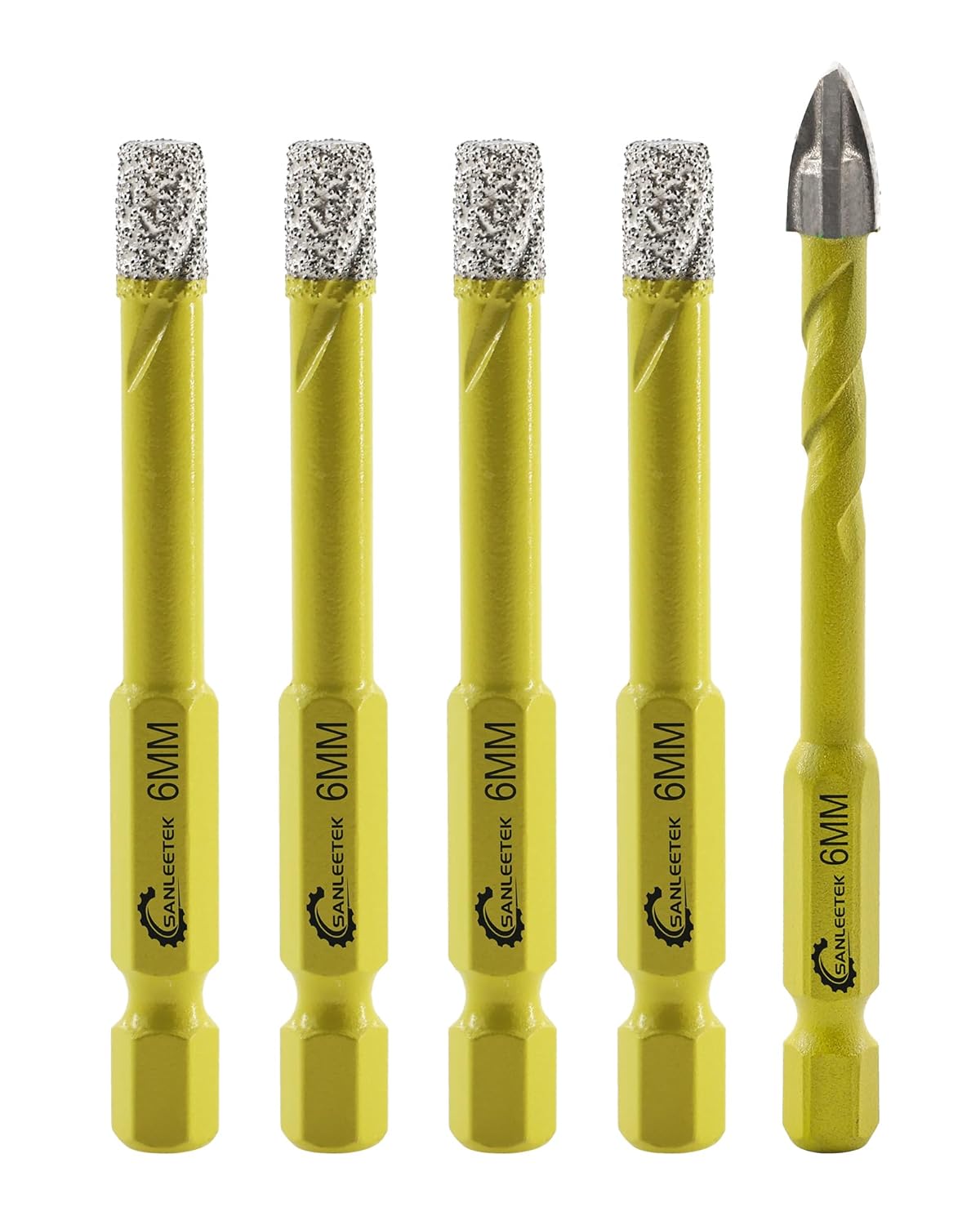 Dry Diamond Drill Bits Set - 4pcs 1/4"(6mm) SANLEETEK Hole Saw and 1pc 1/4"(6mm) Carbide Drill with Quick Change Hex Shank for Marble Granite Ceramic Porcelain Tile Stoneware Quartz