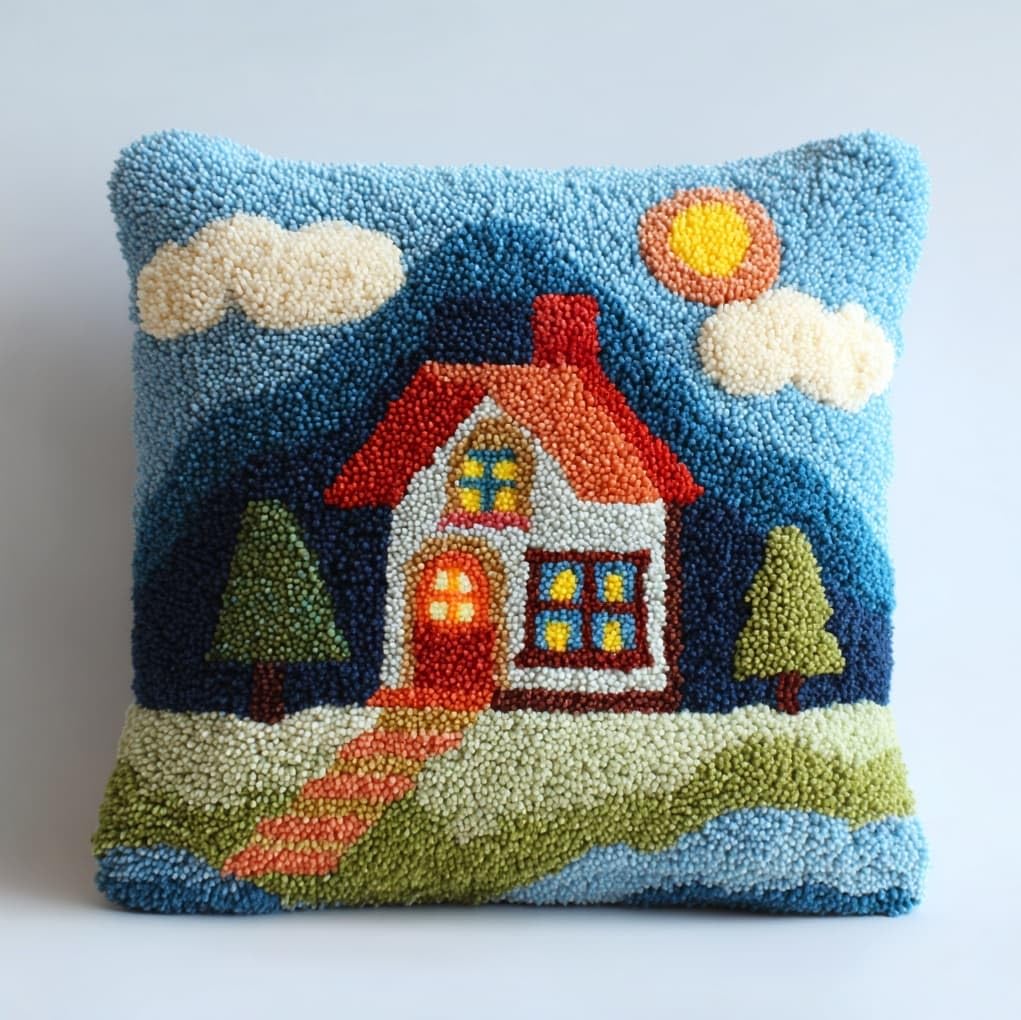 WallustrioaW Latch Hook Pillowcase Kits 17x17in,Cartoon Style House