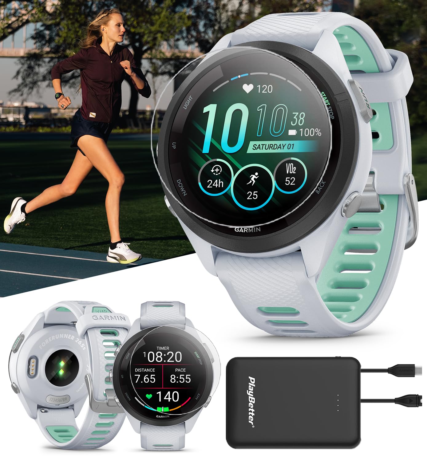 PlayBetter Garmin Forerunner 265S (Whitestone/Neo Tropic) Running GPS Smartwatch | Bright AMOLED Display, Recovery Insights | Bundle HD Screen Protectors & Portable Charger