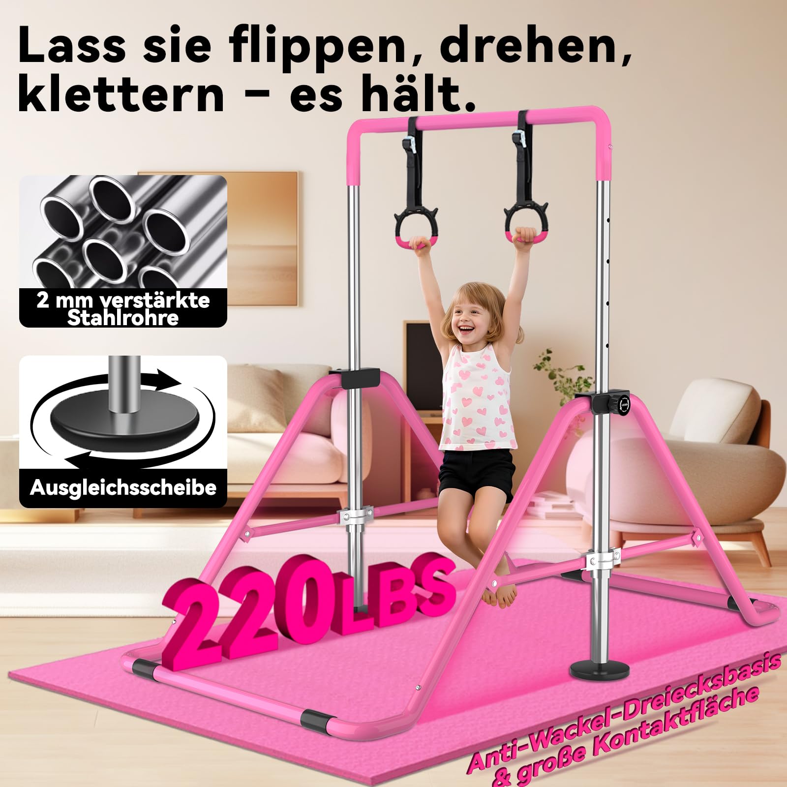 WATBKHE Gymnastikstange, verstellbare und Faltbare Reckstange mit Ringen, Gymnastics Bars Turnreck, erweiterbare Turnstange für Heimtraining, Reckstange Kinder für Indoor & Outdoor, mit Matte