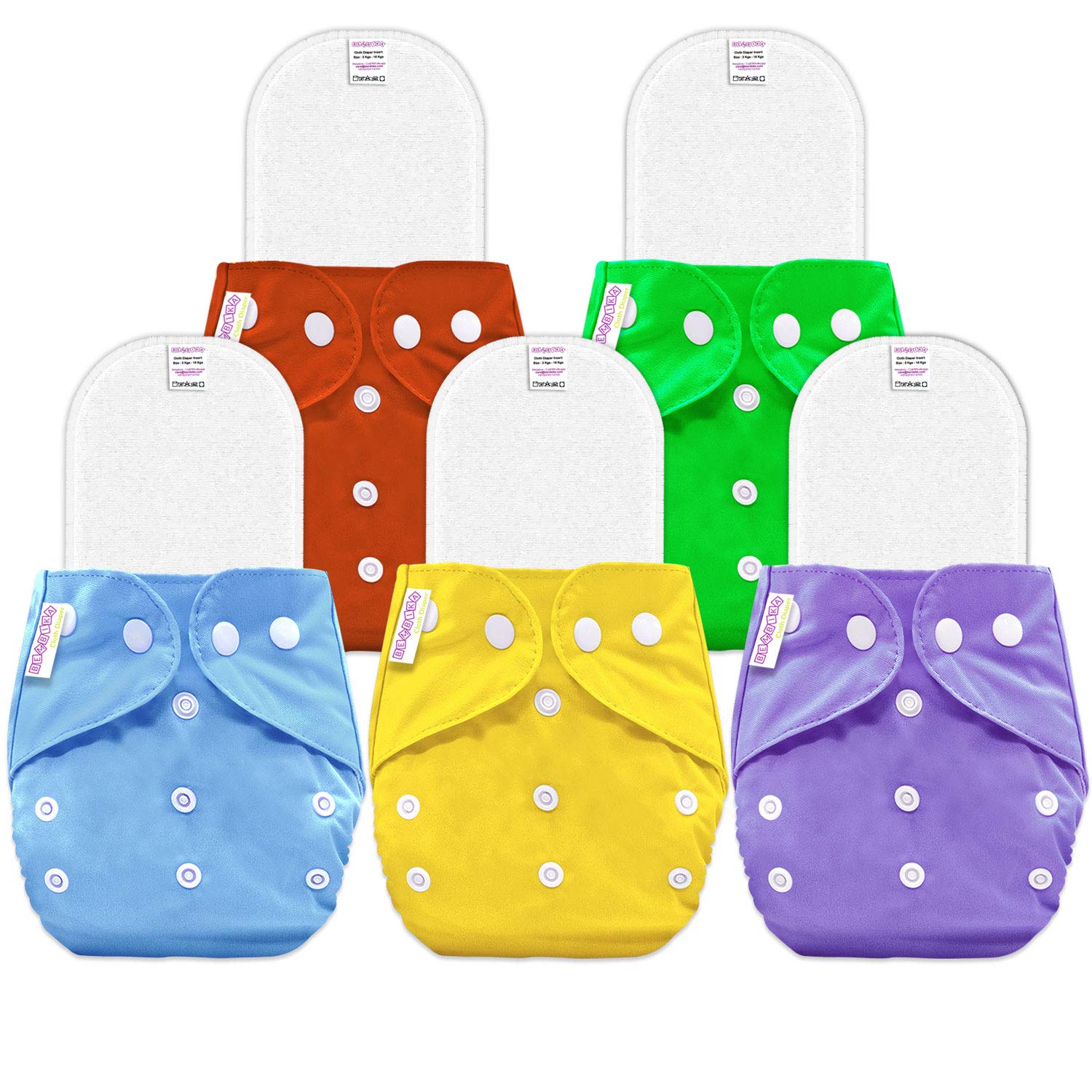 BEMBIKAB Plus Solid Cloth Diapers for Babies, Washable Reusable, Adjustable Sizes (5 Combo) (5 Microfiber Inserts Included) 5BM