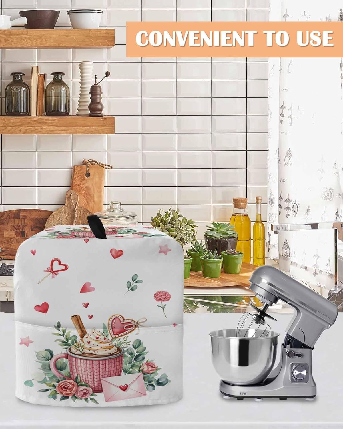 Valentine's Day Stand Mixer Cover with Storage Pocket, Waterproof Kitchen Mixer Covers, Cartoon Love Rose Floral Envelope Kitchen Appliance Dust Cover Compatible with 6-9 Quart Mixers