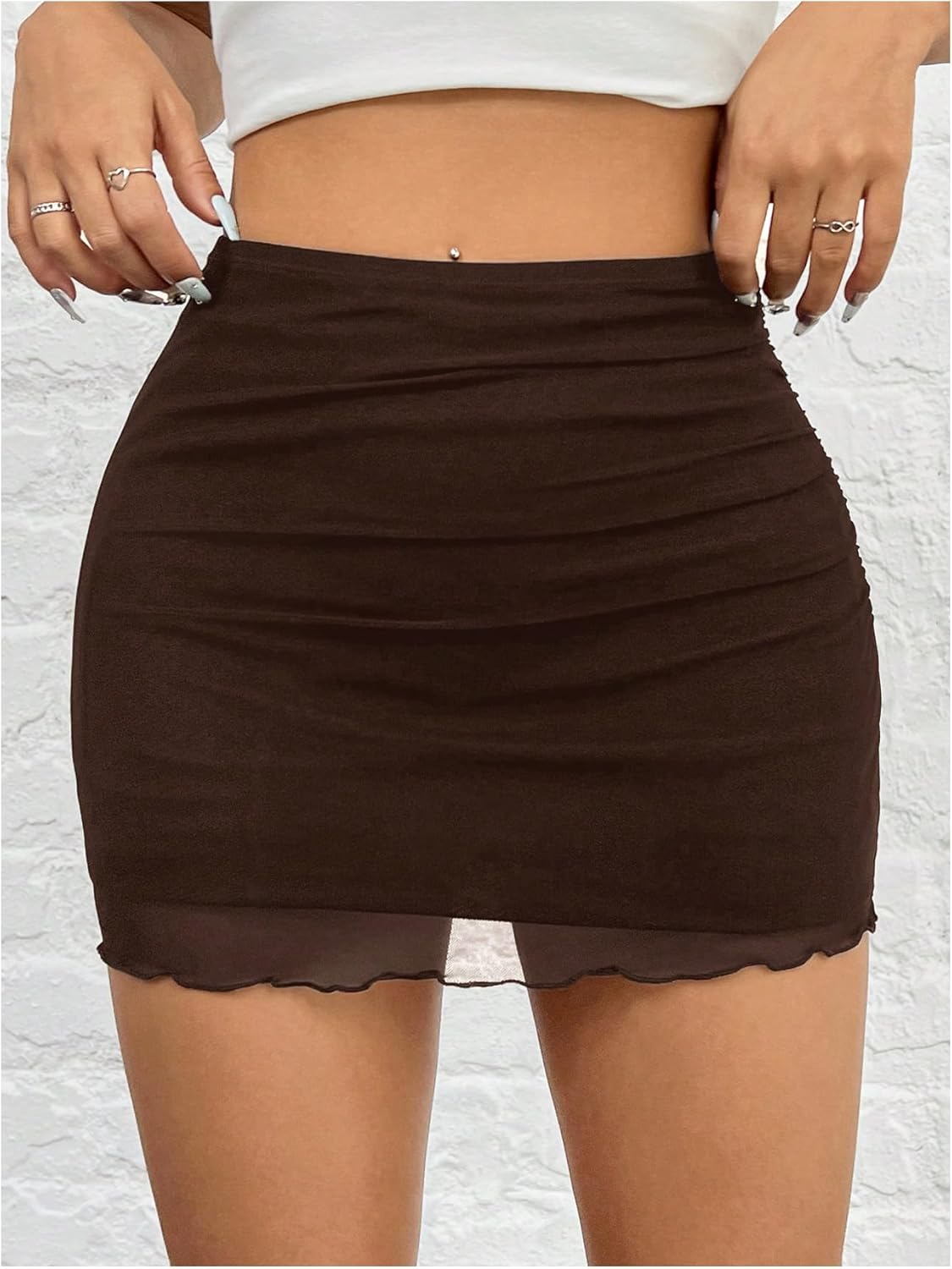 OYOANGLE Women's Low Waisted Mesh Mini Skirt Lettuce Trim Ruched Y2K Going Out Skirts - Image 3