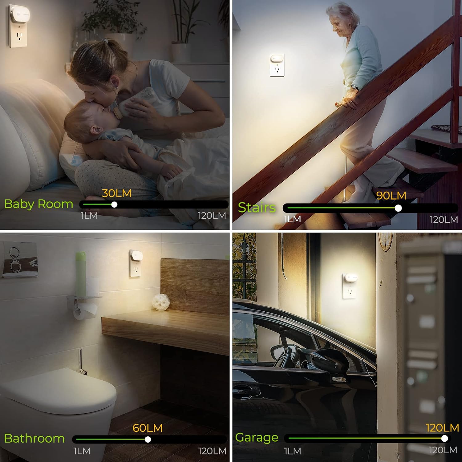 AUVON Night Light Plug in, Bright Motion Sensor Night Light (120 Lumens), Dimmable Smart LED Night Lights Plug Into Wall, 1-120lm Brightness Nightlight for Bathroom, Hallway, Garage, Toilet (4 Pack)